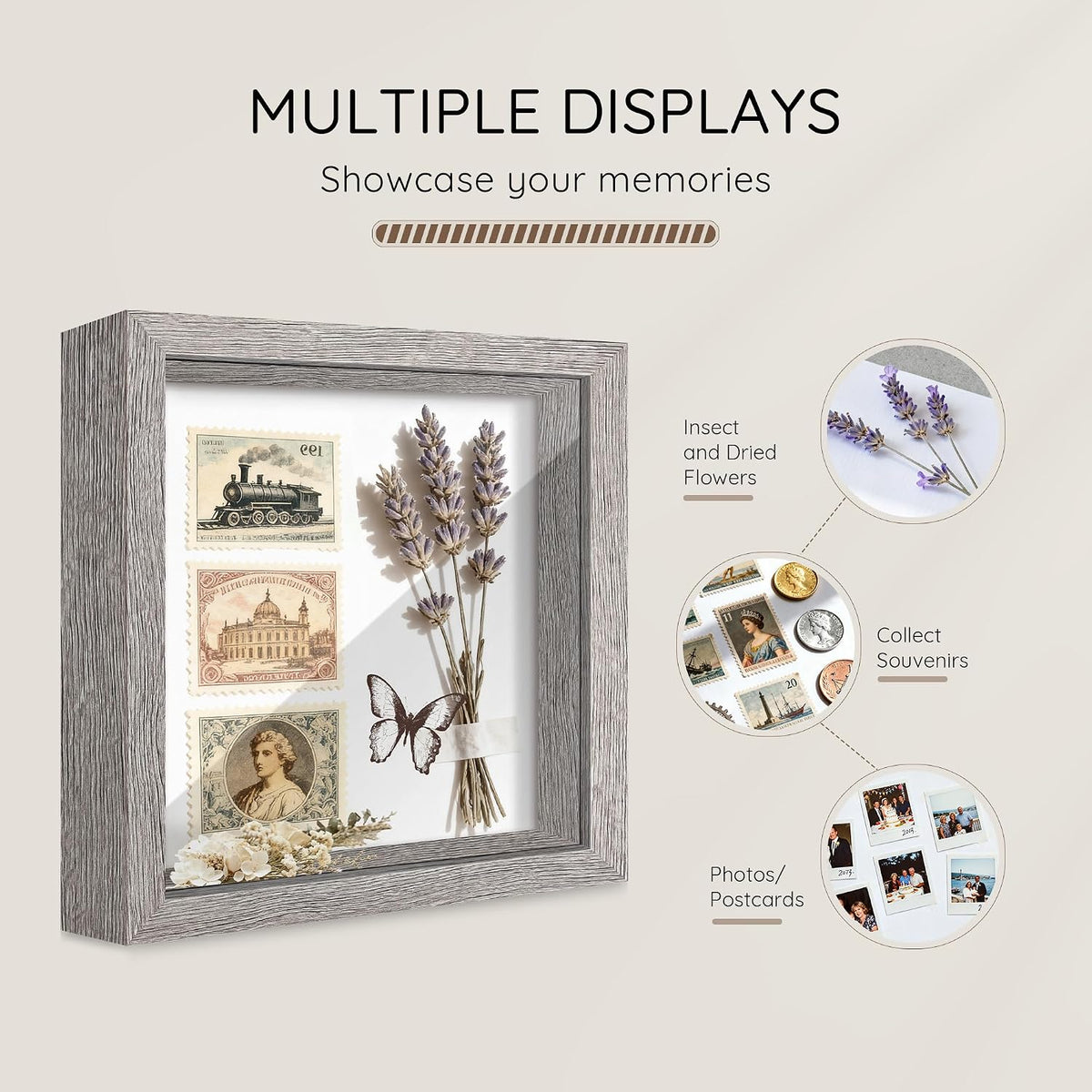 10x10 Gray Wooden Shadow Box Frame, Tempered Glass, 2 Pack | Black Backboard, Tabletop & Vertical/Horizontal Wall