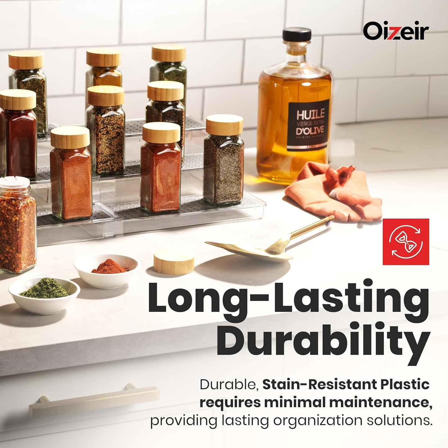 Oizeir 3-Tier Expandable Spice Rack Organizer for Cabinet, Clear | Expandable Plastic Spice Rack Organizer, Adjustable