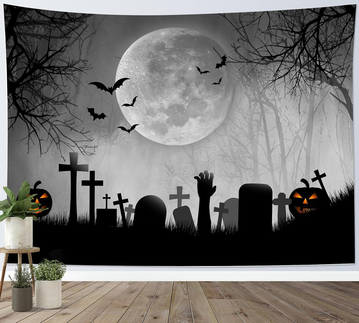 LB Halloween Full Moon Tapestry Horror Black Bat Pumpkin and Cemetery in Misty Forest Wall Tapestry for Bedroom Spooky Night Sky Wall Art for Living Room Decor, 80 x 60 Inches
