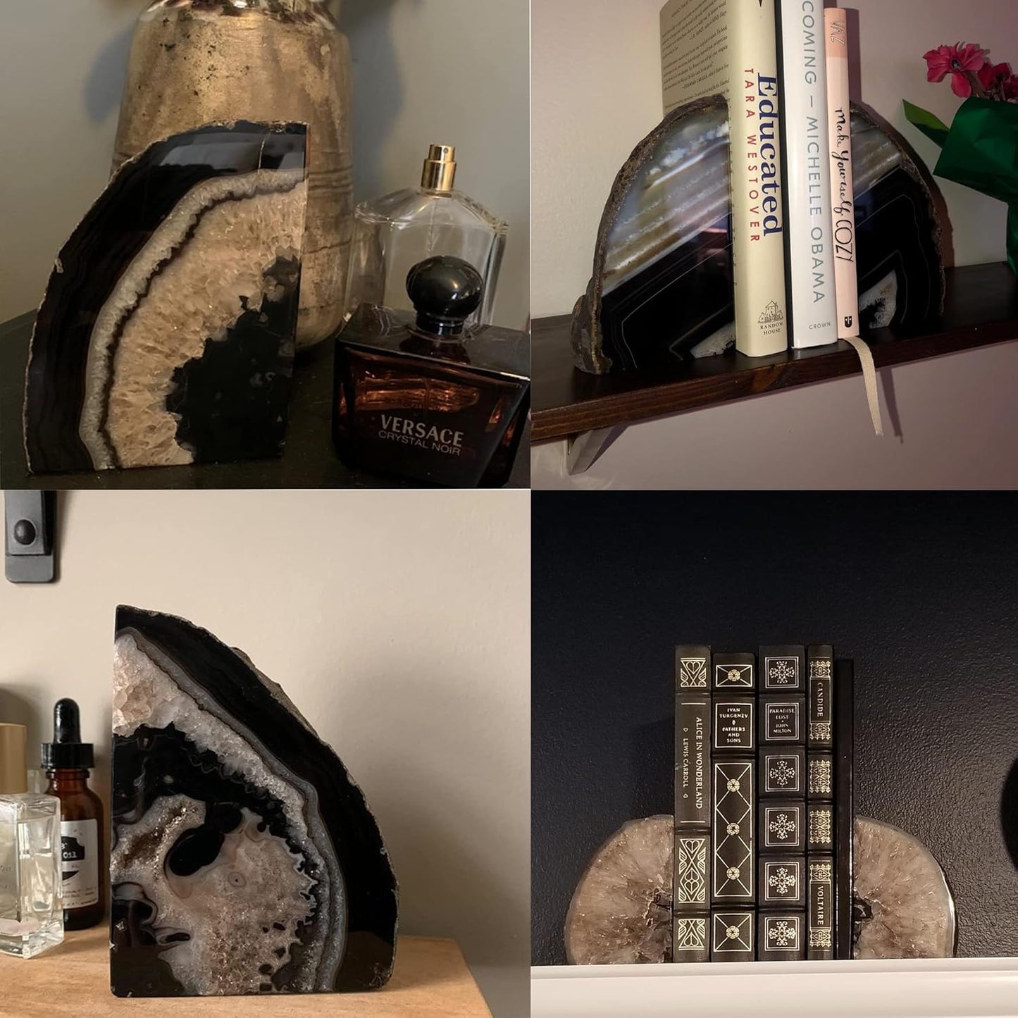Black Agate Geode Bookends 2-3 Lbs Anti-Slip Rubber Pads Heavy Duty / 2-3LBS. / Black Dyed