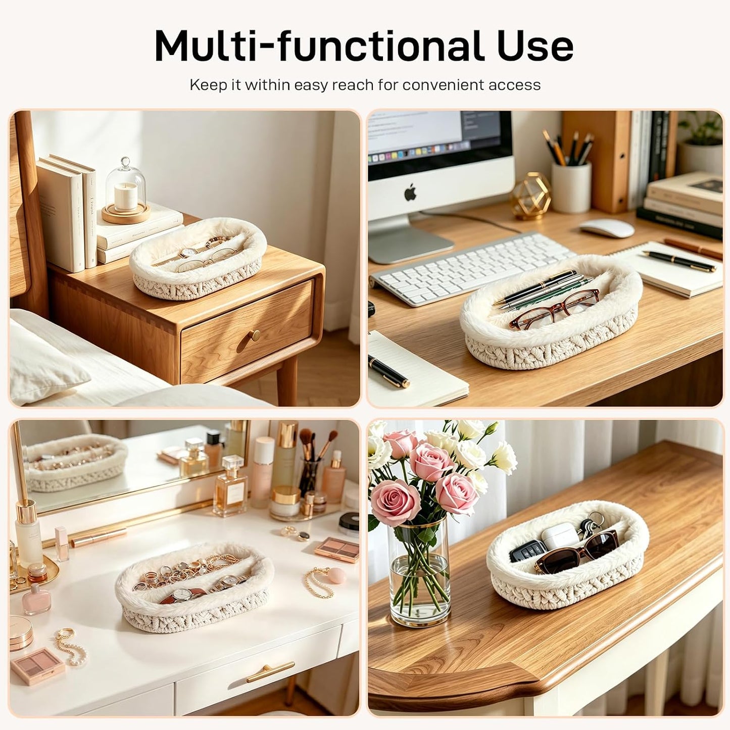 Glasses Holder / Eye-glasses Jewelry Tray for Nightstand Desk / Beige