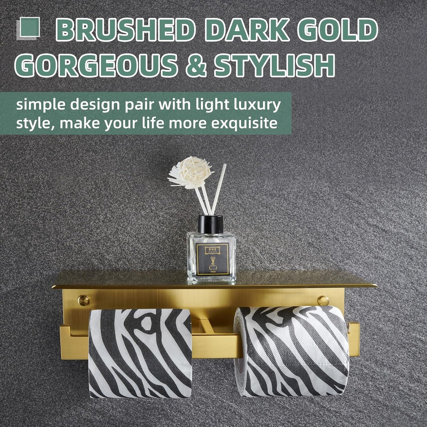 APLusee Brushed Gold Double Toilet Paper Holder with Shelf, Wall Mounted | 304 Stainless Steel, Rust-resistant Tissue