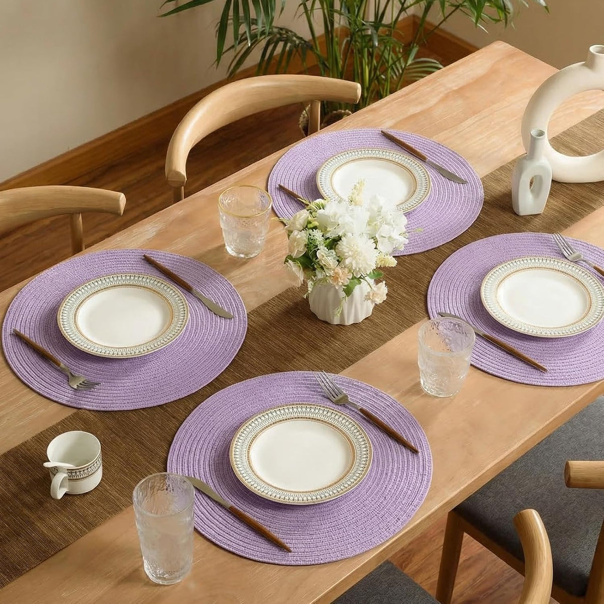 FunWheat Round Braided Placemats Set of 8 Place mats for Dining Tables Woven Heat Resistant Table Mats 15 inch (Light