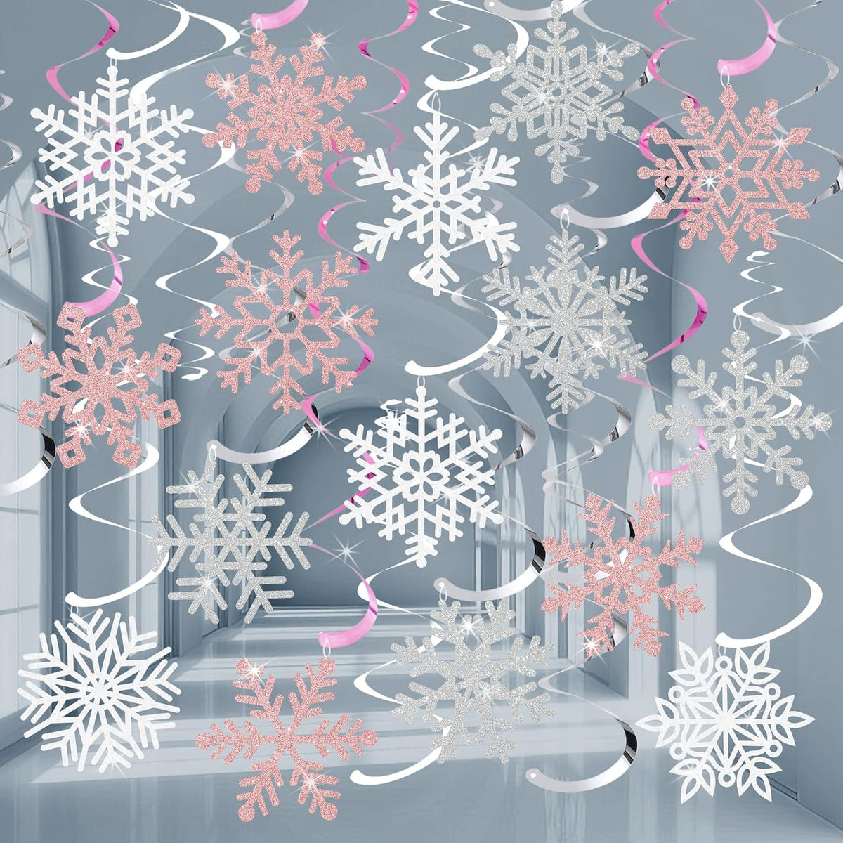 Snowflake Decorations, Christmas Hanging Decor, Pink White Silver, 30-Pc