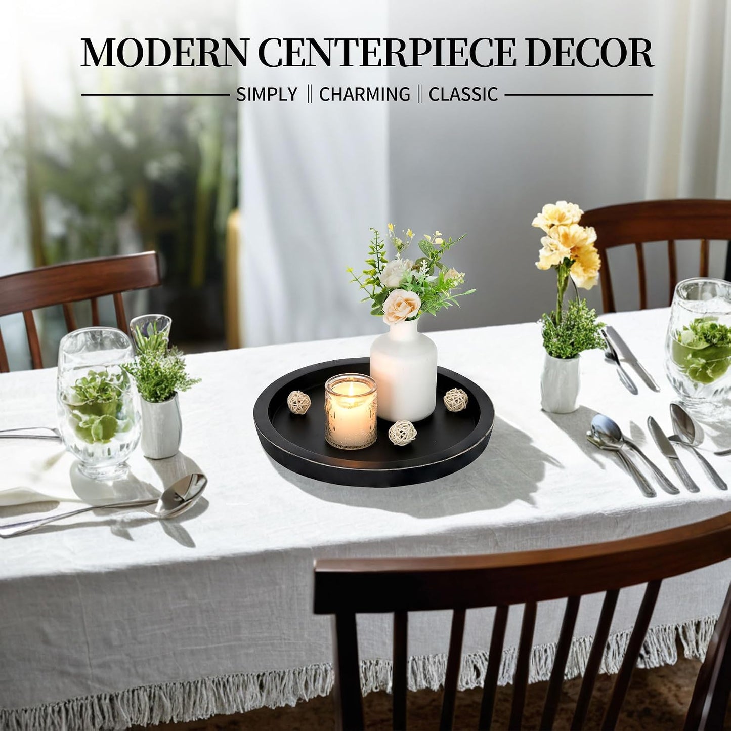 Round Wood Decorative Candle Plate / Black