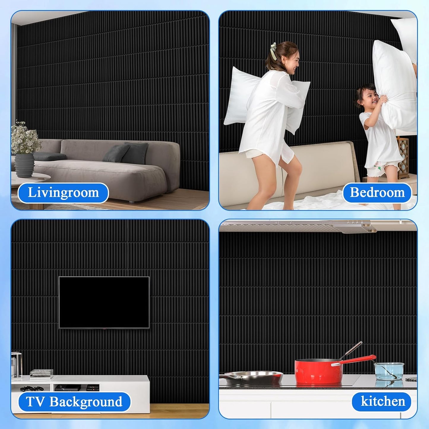 Nuanchu 32 Pcs 3D Wall Panels, 12"x12" PVC Fluted Tiles, Black | Waterproof Accent Panels, Paintable Wall Tiles, for TV