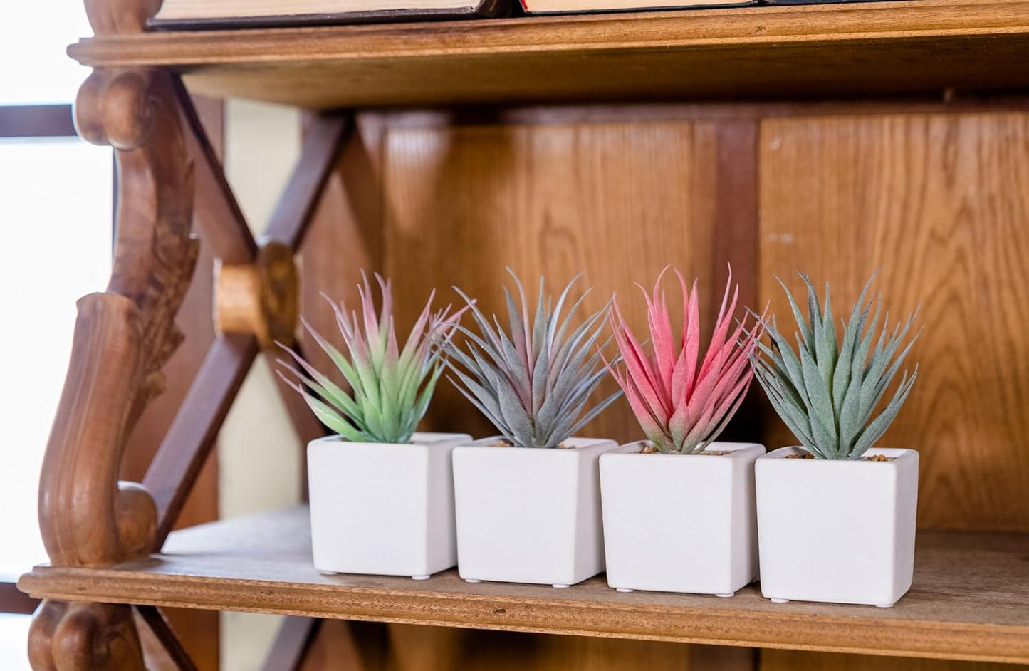 Faux Succulents 7" Tall in Ivory White Stucco Ceramic / White, Pink, Green. / Set of 4