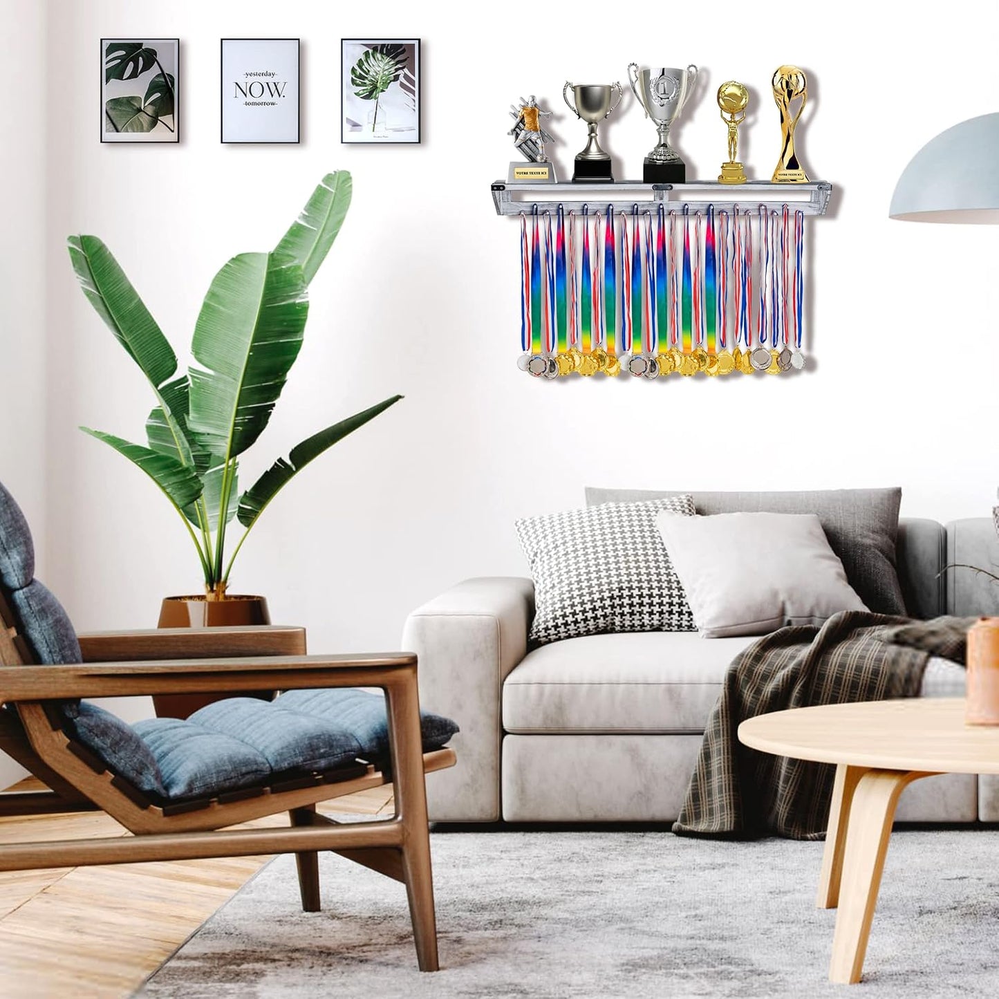 LAVIEVERT Gymnastic Medal Hanger with Storage Shelf, Wooden Wall-Mounted Trophy Shelf, Race Medal Display Rack Holder