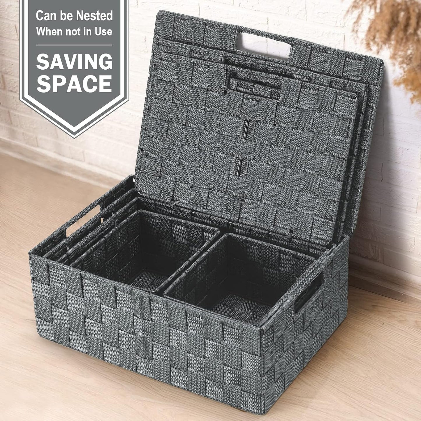 Woven Storage Box Organizer Containers Decorative Baskets Cube / Grey / with Lids / Set of 5