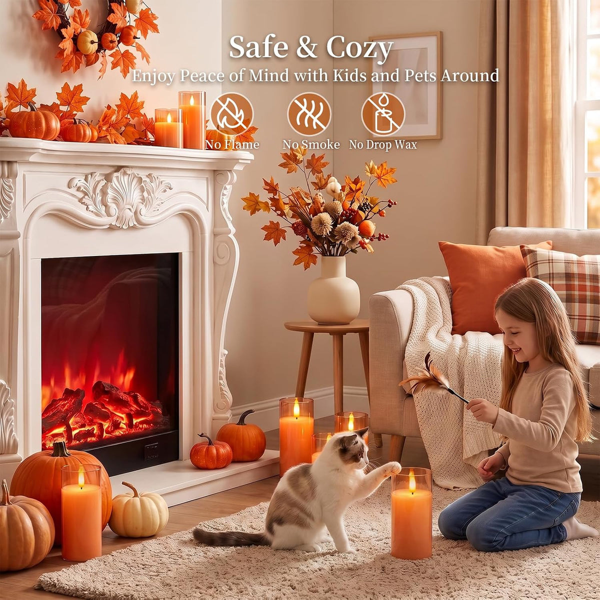 Amagic Orange Halloween Glass Flameless LED Pillar Candle with Remote Timer | Real Wax Battery Operated Candle