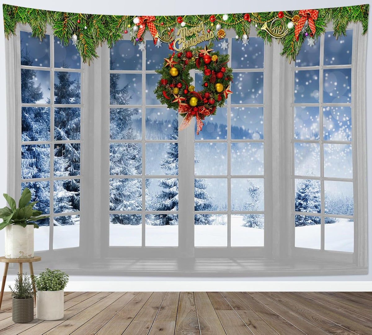 HVEST Christmas Tapestry Wall Hanging Winter Snow Forest outside White Window Tapestry for Bedroom, Nature Landscape Christmas Wall Art for Living Room Dorm Home Decor Backdrop, 40L X 60W inches