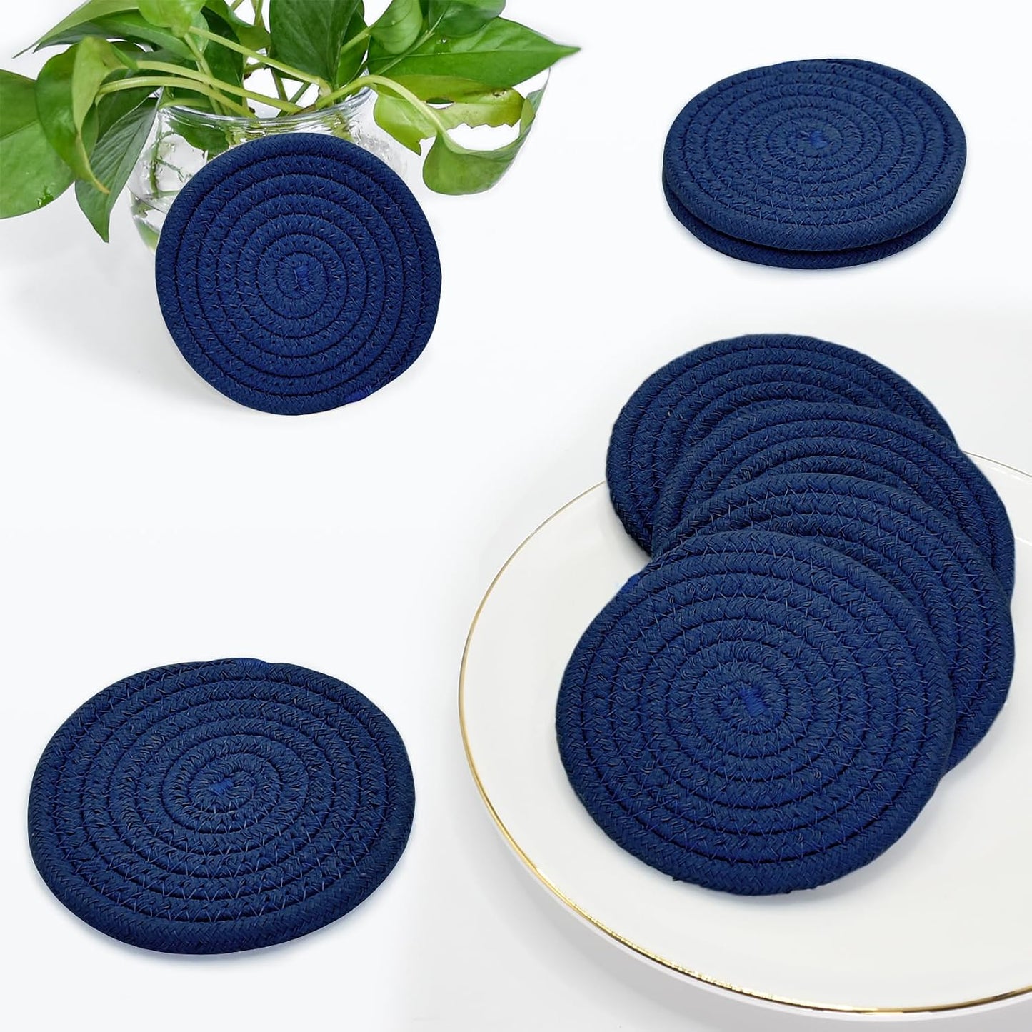 Holder / Cotton Woven Absorbent Coasters for Drinks / Navy Blue / Set of 8