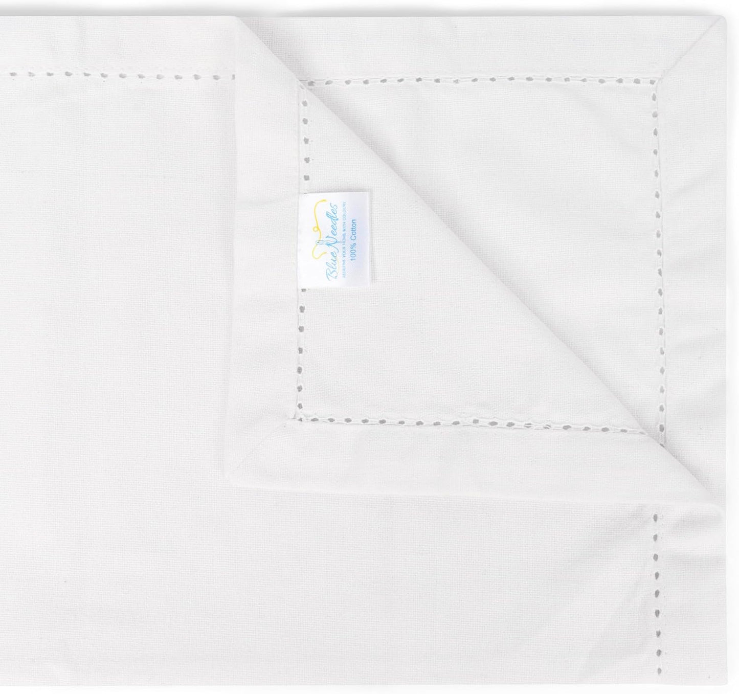 Blue Needles Set of 12 Hemstitch Linen Napkins 100% Cotton White Cloth Dinner Napkins 18x18 inches, Soft, Reusable