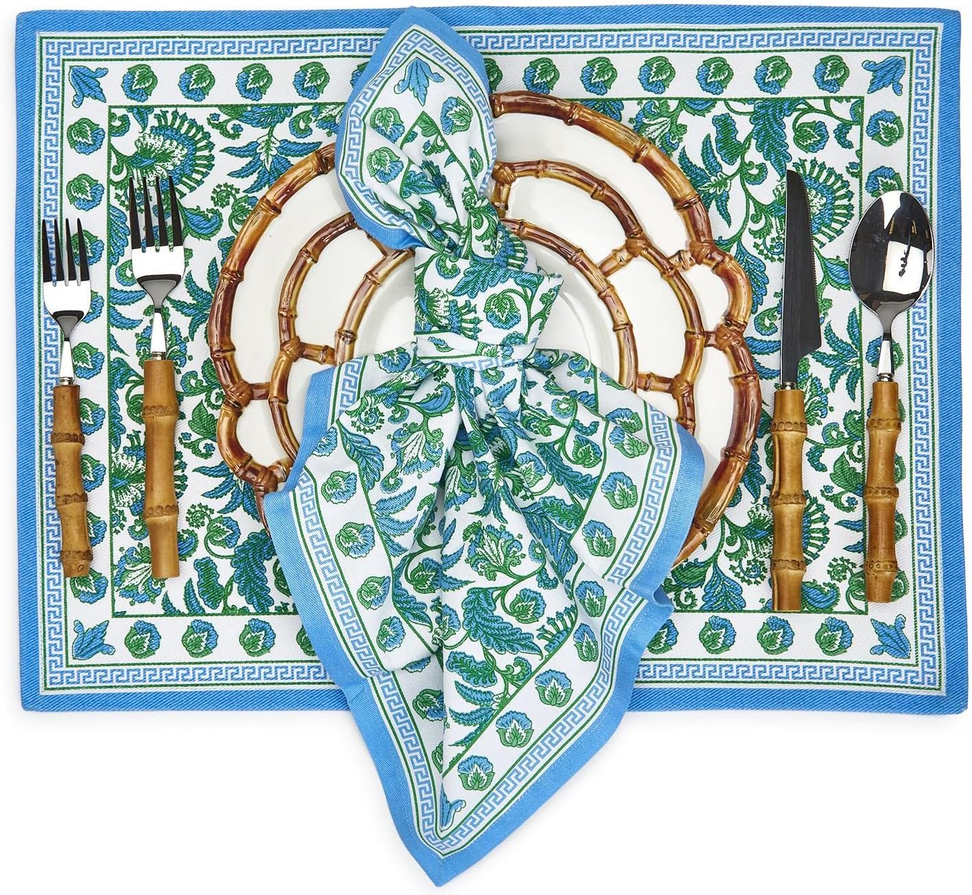 Two's Company Hampton Set of 4 Block Print Cloth Napkins - Cotton