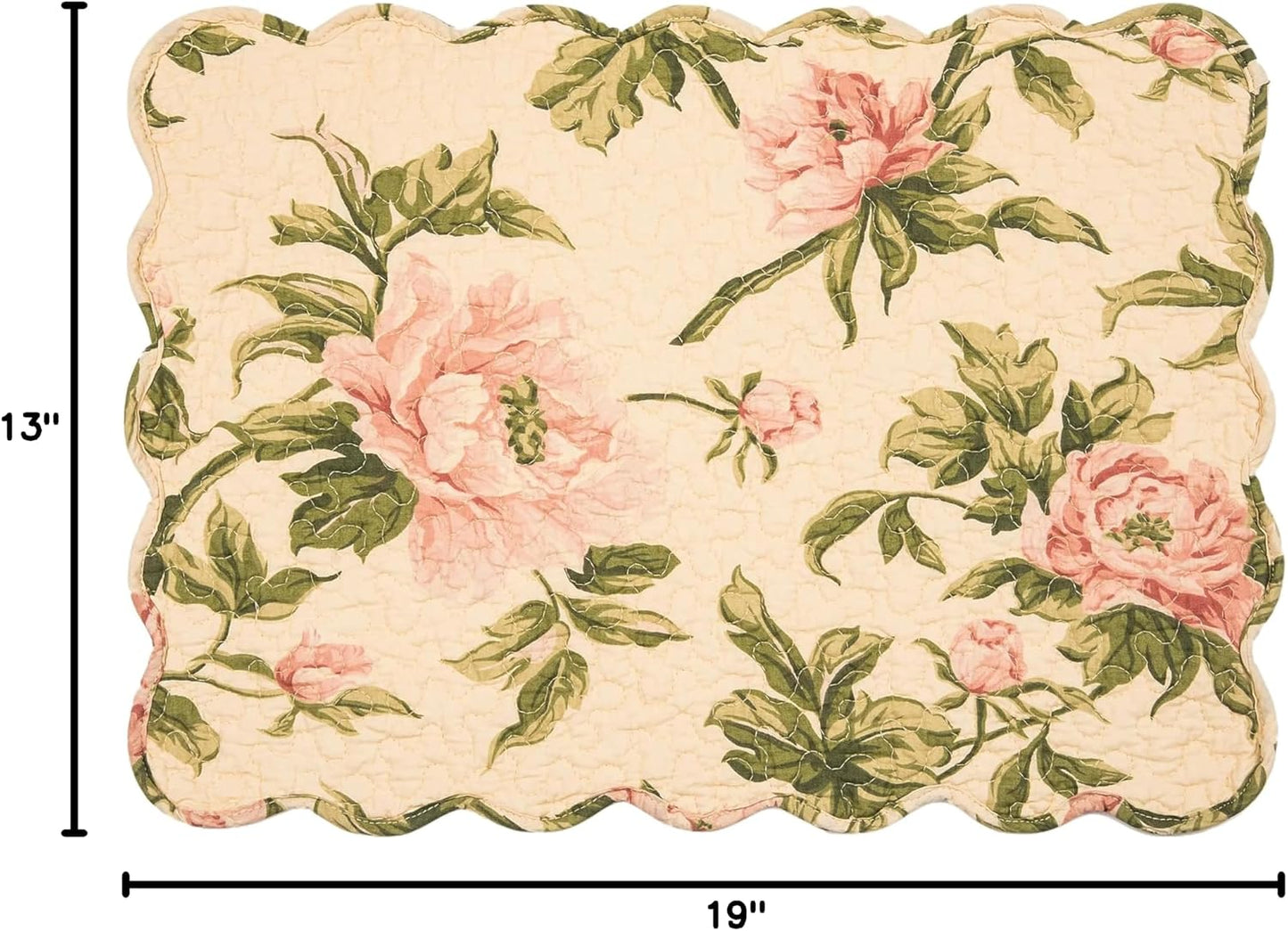 C&F Home Journee Reversible Scalloped Quilted Vintage Floral Flower Themed Dining Tabletop Placemats Set of 6 All