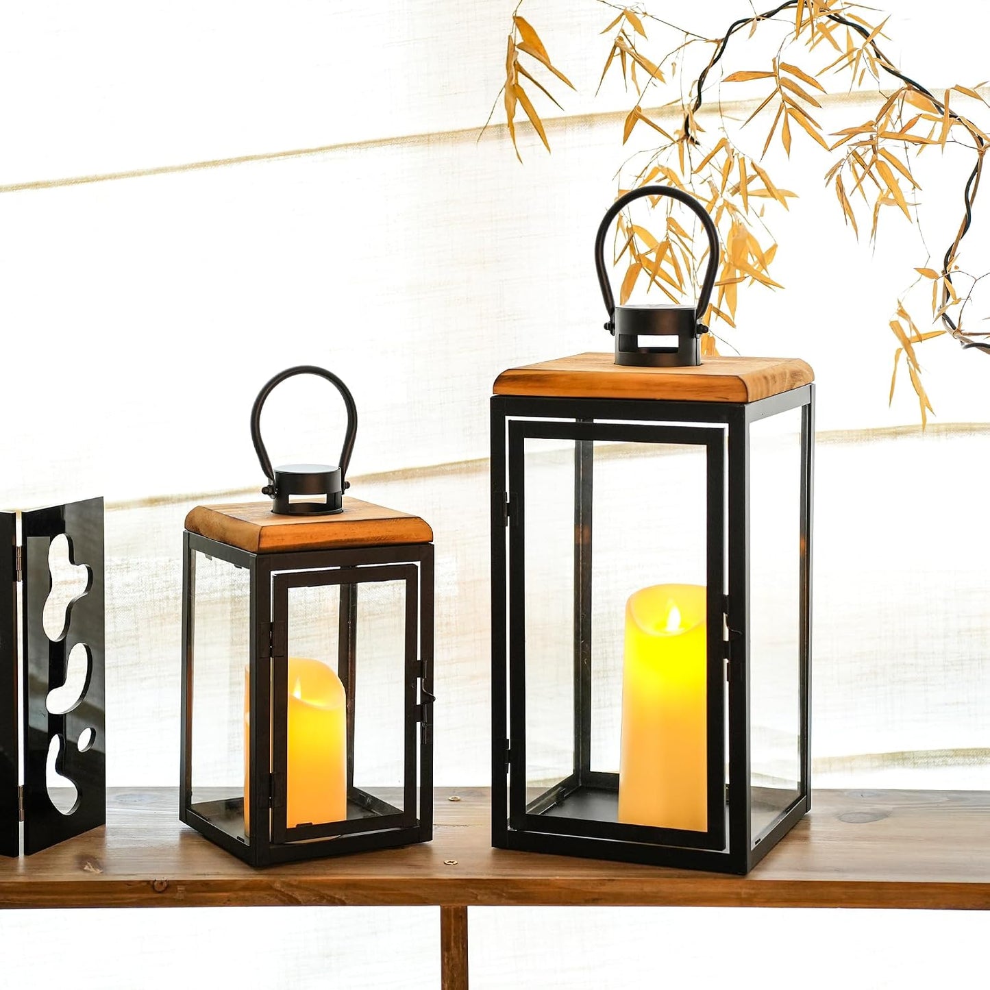 TRIROCKS Set of 2 Decorative Candle Lantern 16'' & 11'' High Metal Candle Holder Hanging Lantern Perfect for Home Decor