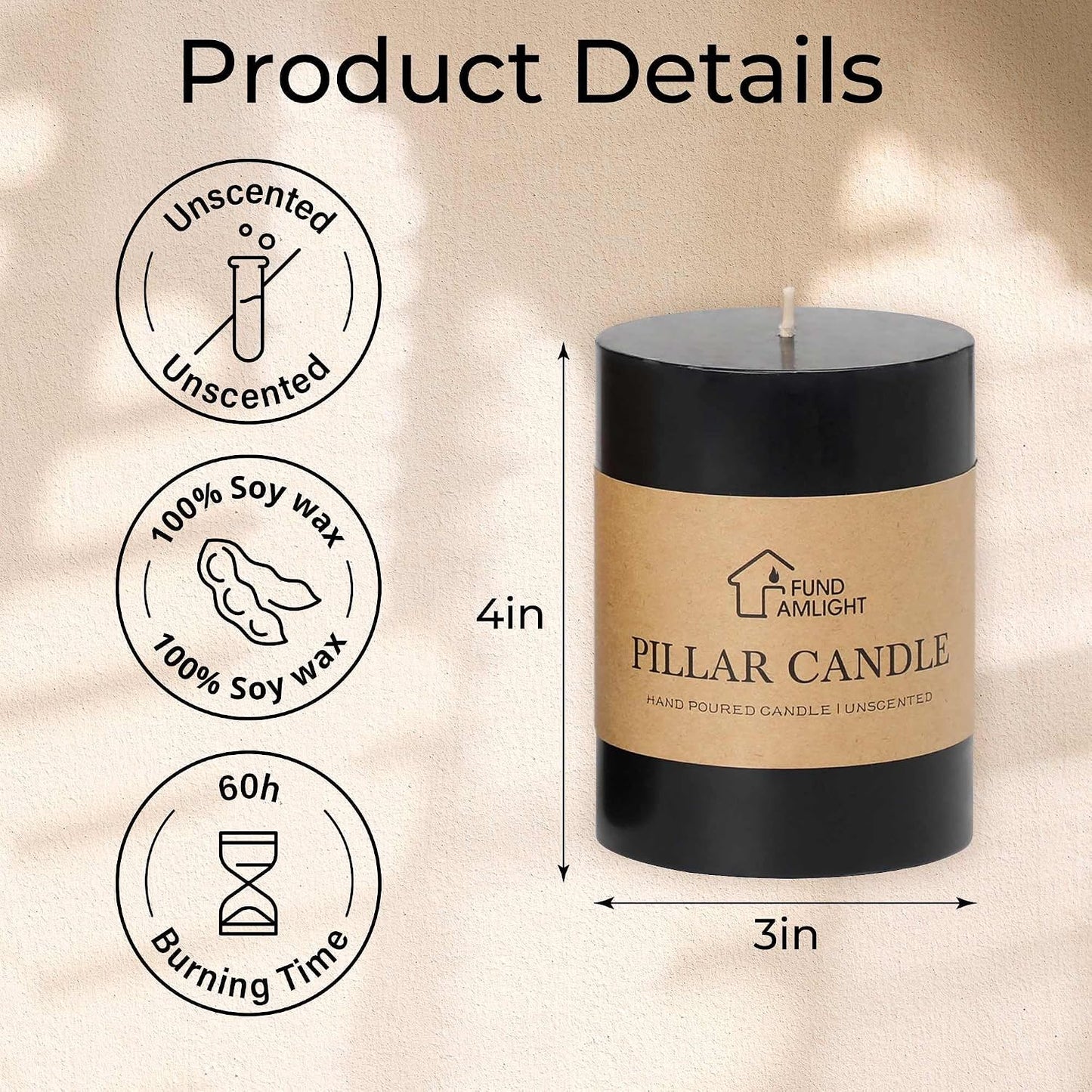 3x4 Inch Black Pillar Candles Set of 3 - Decorative Unscented Pillar Candles, Long Burning Dripless Candle for Home