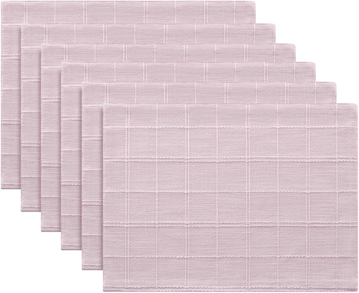 Linen Checked Farmhouse Placemats Set of 6, Pink 13x19in | Double Layer, Reversible, Thick Textured Table Mats, Raised