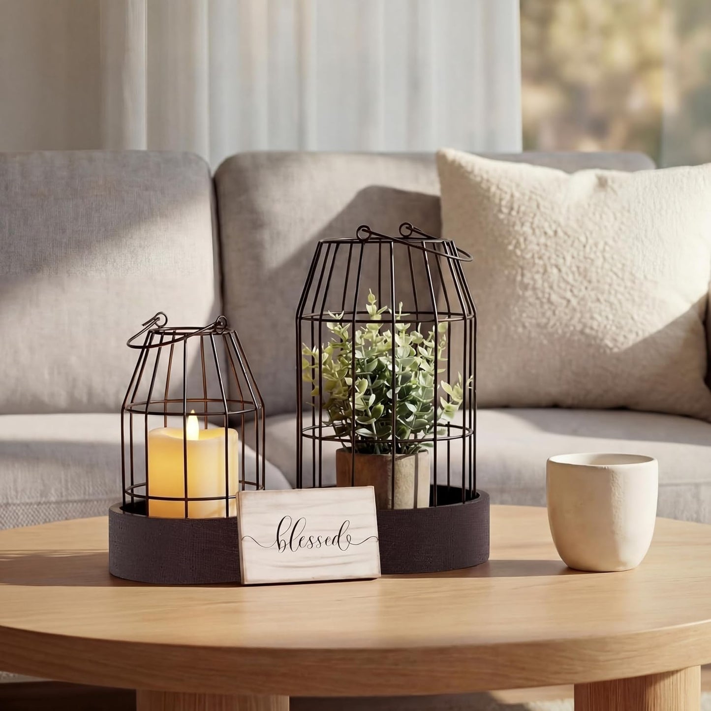 Mumufy 5 Pcs Candle Stands for Pillar Candles Metal,Large,Black, Brown | Decorative Lanterns Centerpieces with Tray for