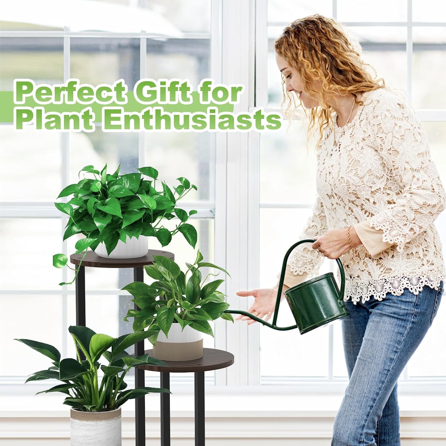 4 Tier Wood Tall Plant Stand Metal Rack Indoor, Multiple Flower Pot Holder Shelves Corner Rack, Round Planter Shelf