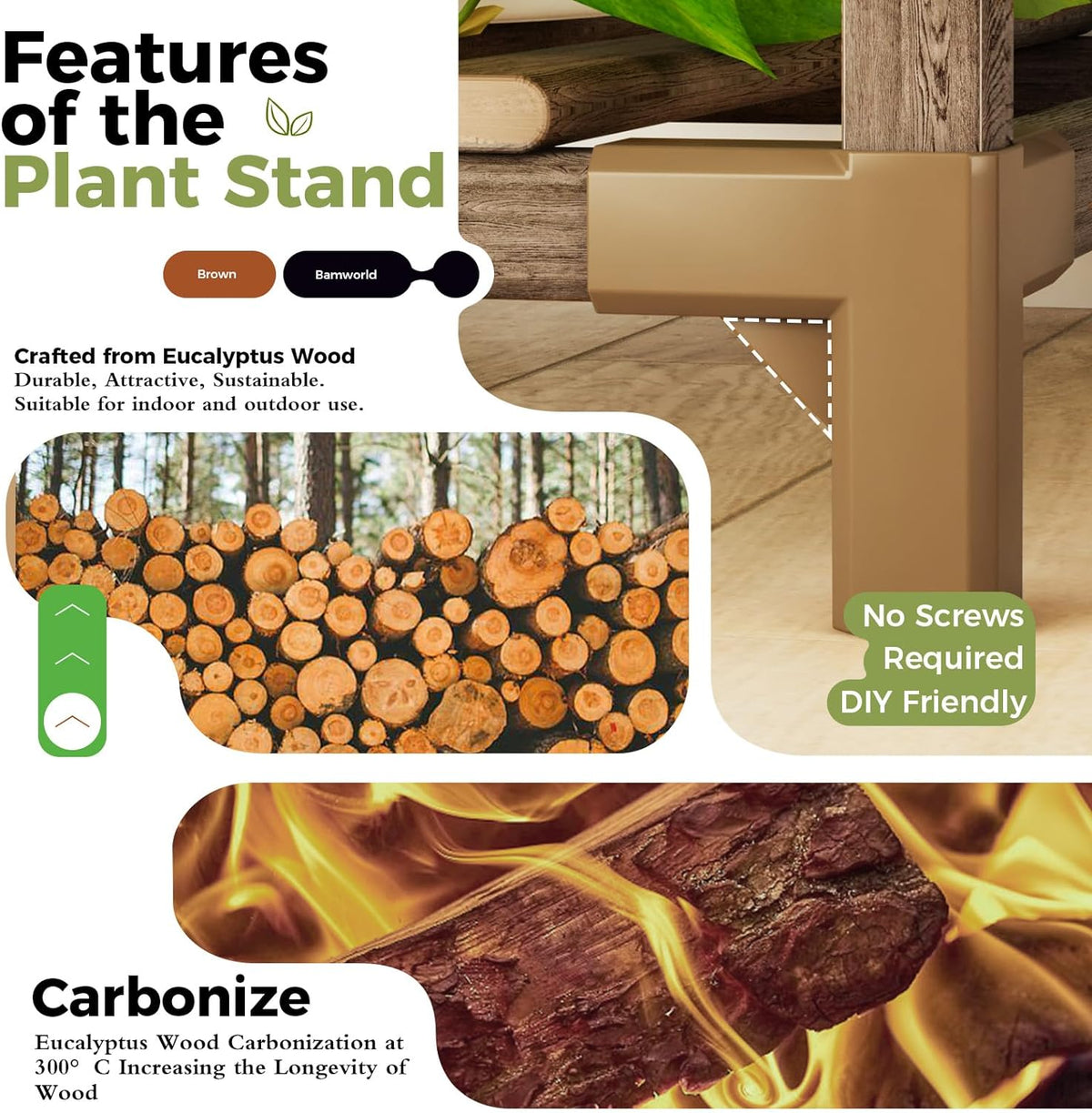 Bamworld Plant Stands with Grow Lights Indoor 4 Sets Plant Shelves Outdoor | Wooden Plant Holder for Multiple Plants