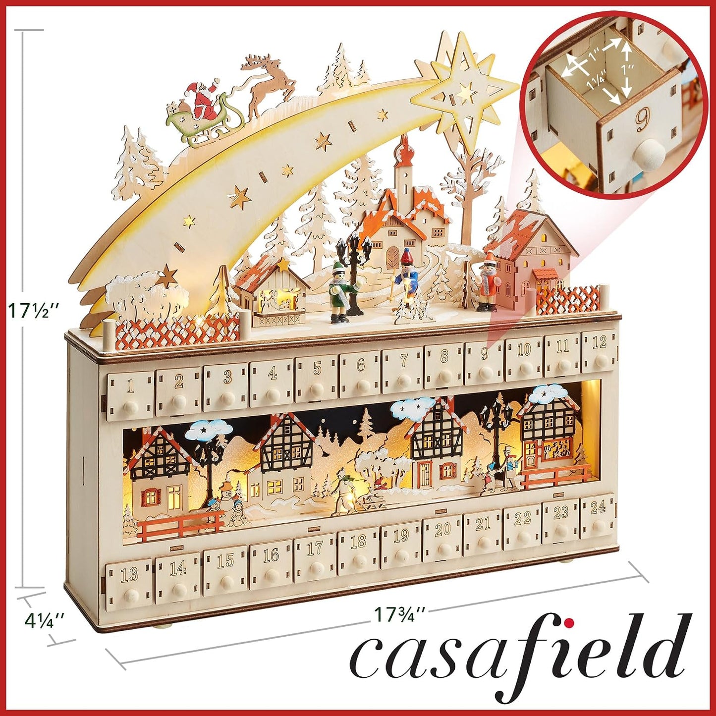 Casafield Wooden Christmas Advent Calendar, Pre-Lit with Drawers Holiday Decoration with Shooting Star and LED Light-Up