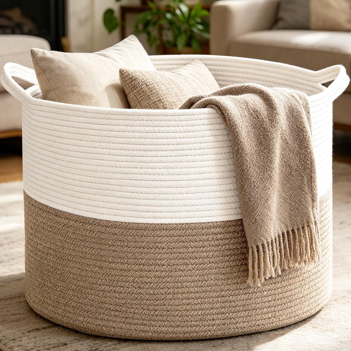 Large Woven Blanket Basket,65L Cotton Rope Laundry Basket