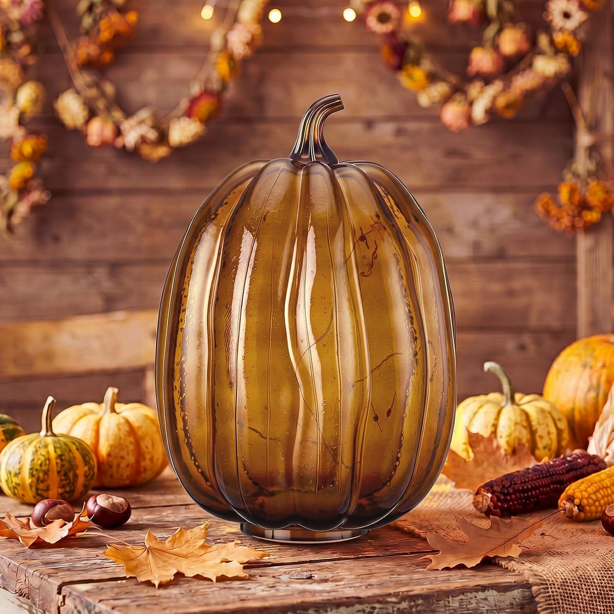 Glooglitter Mercury Glass Pumpkin Light LED Fall Lamp, Oval, Amber, Large