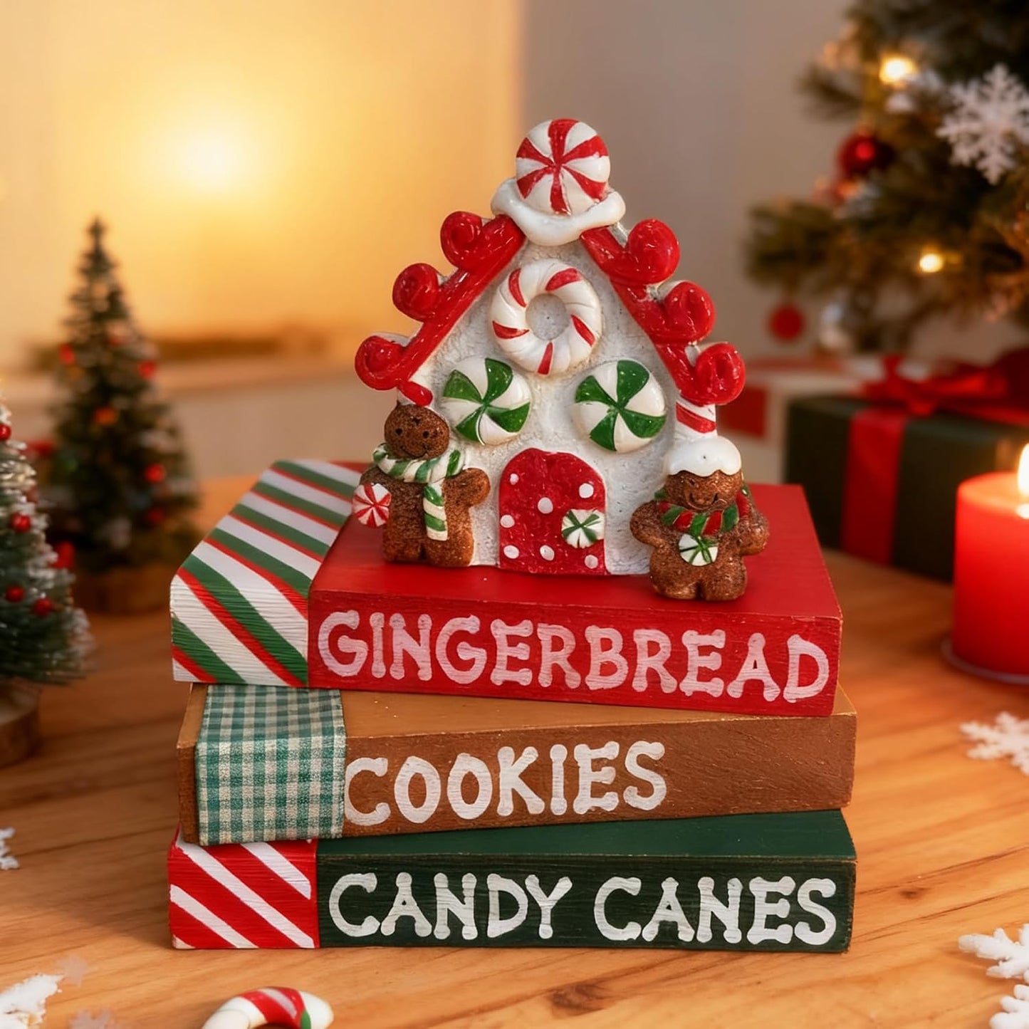 Christmas Table Decoration Resin Gingerbread House Tiered Tray Decor Wood Rustic Gingerbread Block