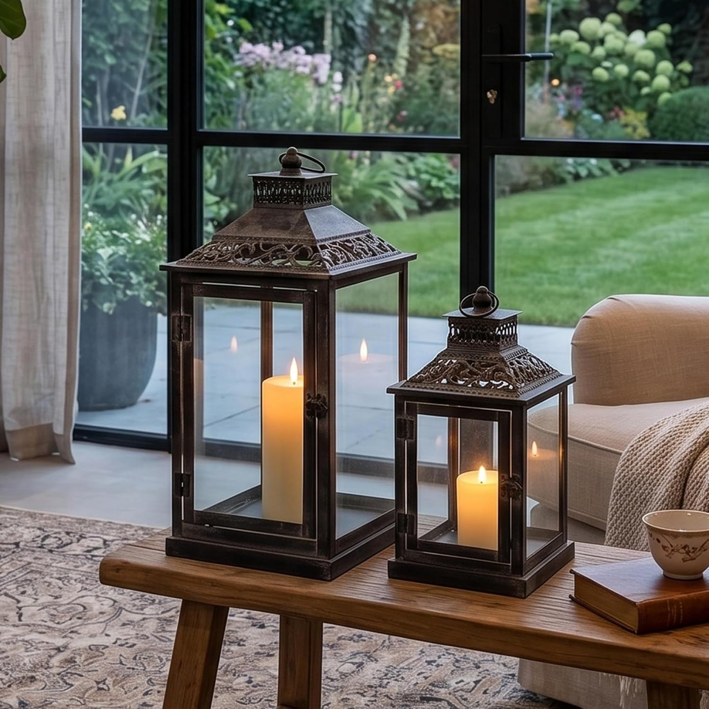 JHY DESIGN Set of 2 Antique Grey Brush Decorative Lanterns Metal Candle Lanterns for Indoor Outdoor Events Paritie and