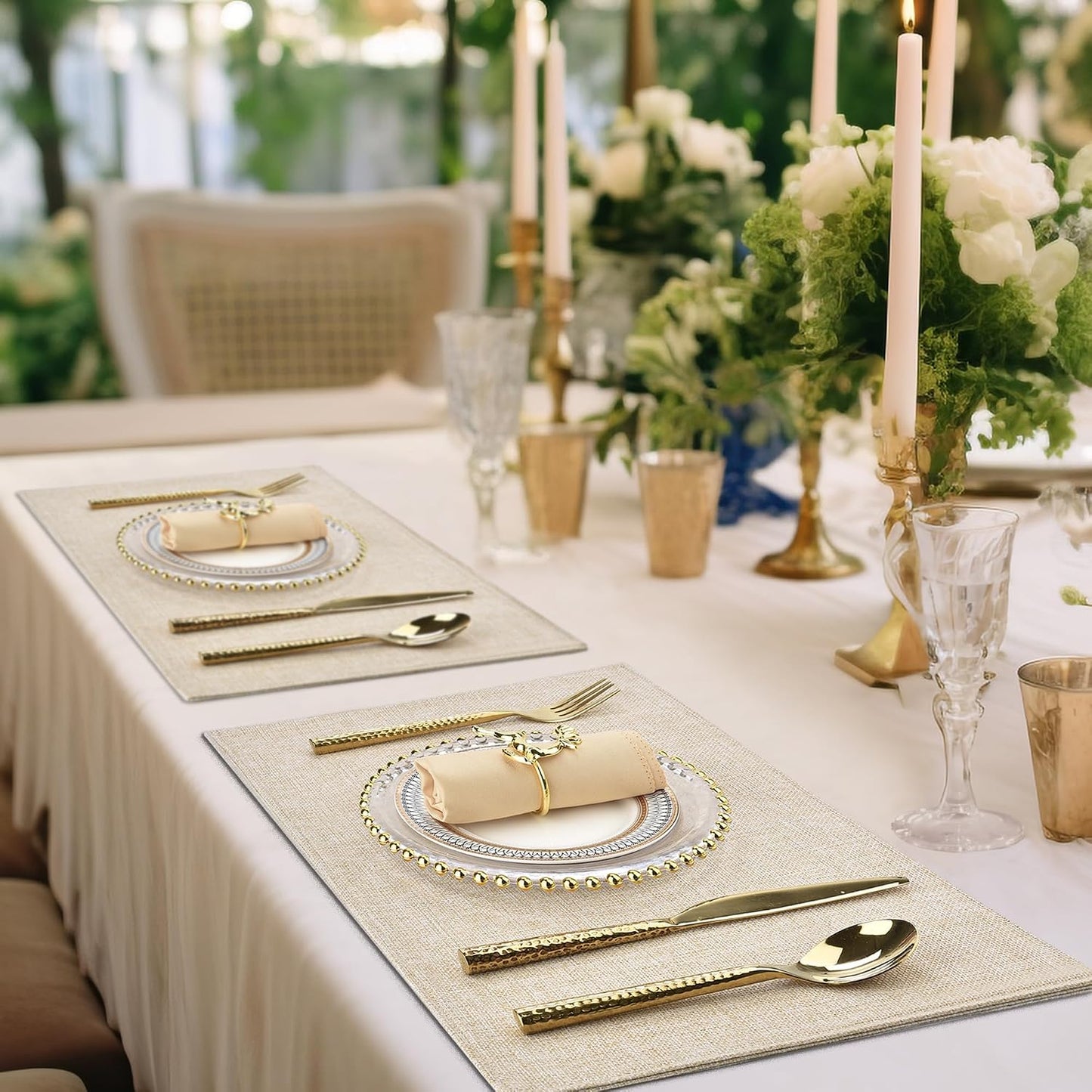 SLKQG Beige Faux Linen Placemats Set of 8, Heat Resistant Washable Double Layer Cloth Place Mats for Dining Table