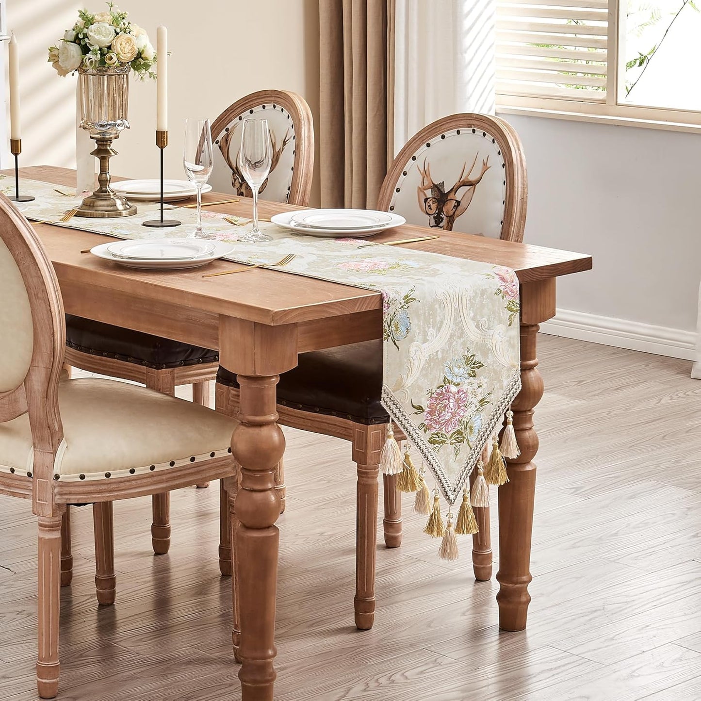 Loom and Mill European Jacquard Floral Table Runner 13x90 inch,Pearly Beige | Elegant Damask Dining Table Runners with