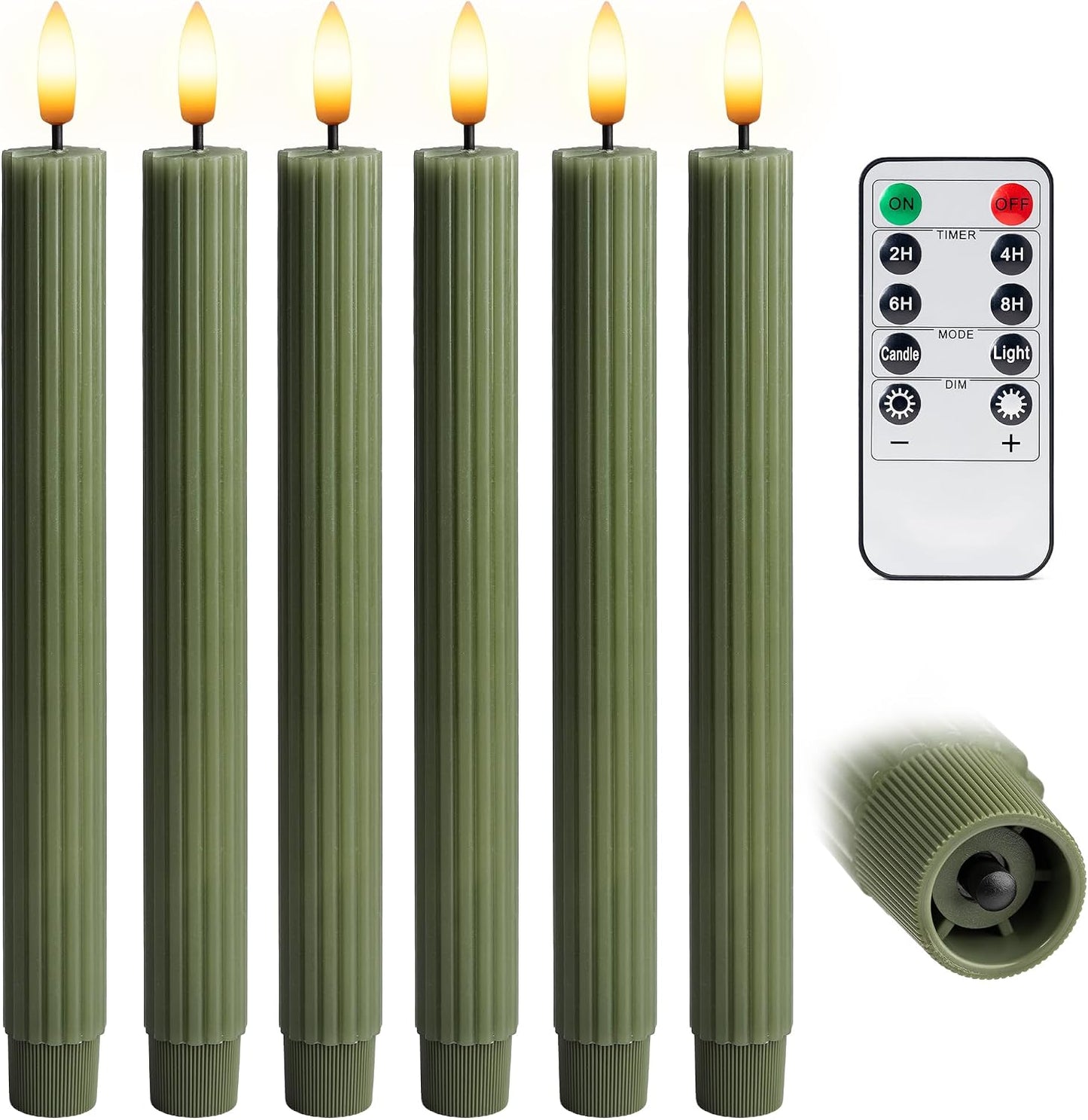 6 Pack, 10" LED Flameless Real Wax Sage Olive Loden Green Fluted Ribbed Grooved Taper Candles, Remote & 24h Timer