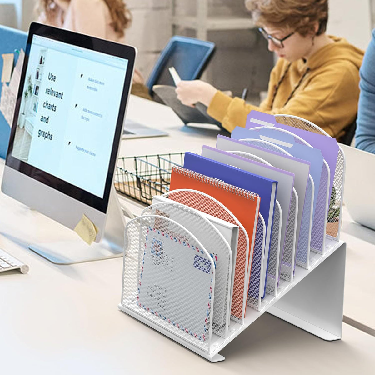 Inclined Desk File Organizer, 8-Section Upright Desk Organizer Standing File Sorter for Office Classroom Desktop