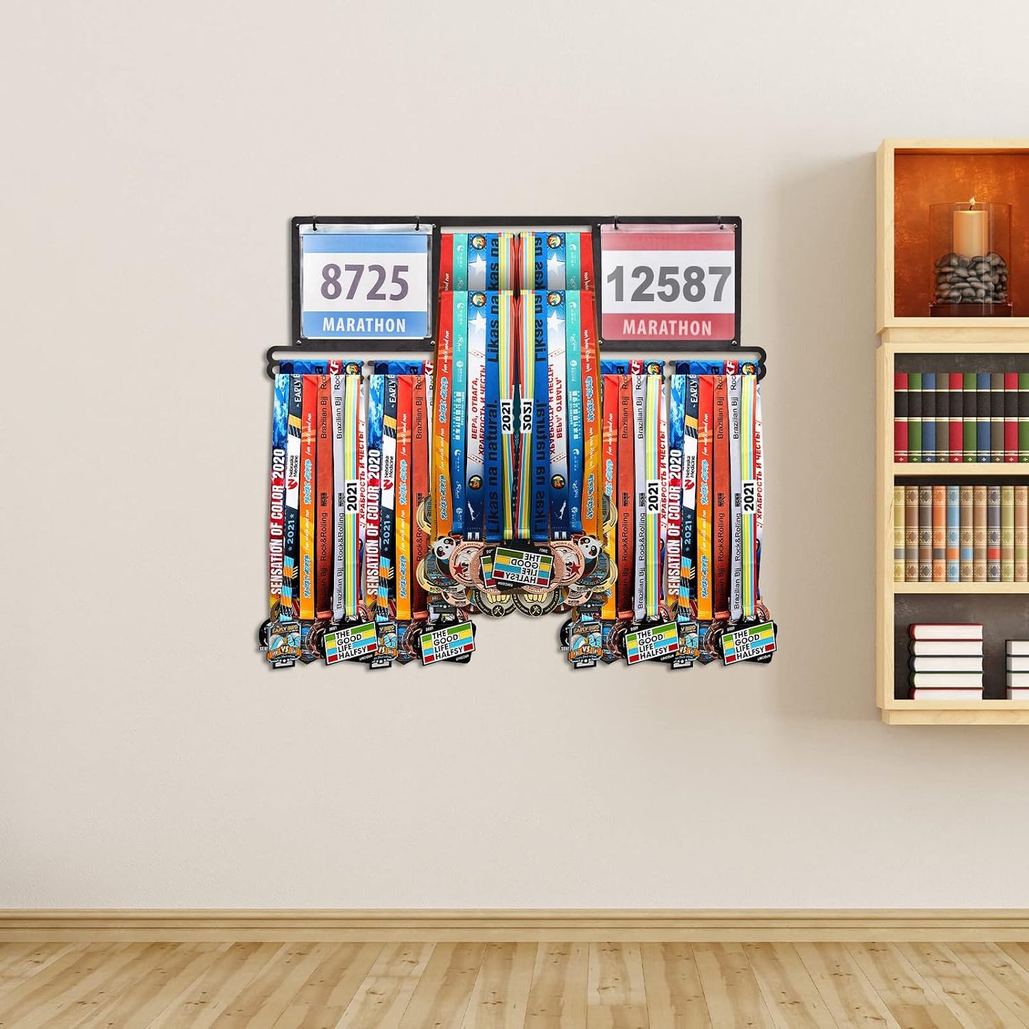 Race Bib and Medal Display Hanger, Metal Rack Holder Wall Mounted Award Rack for Runners, Displays Over 100 Medals and
