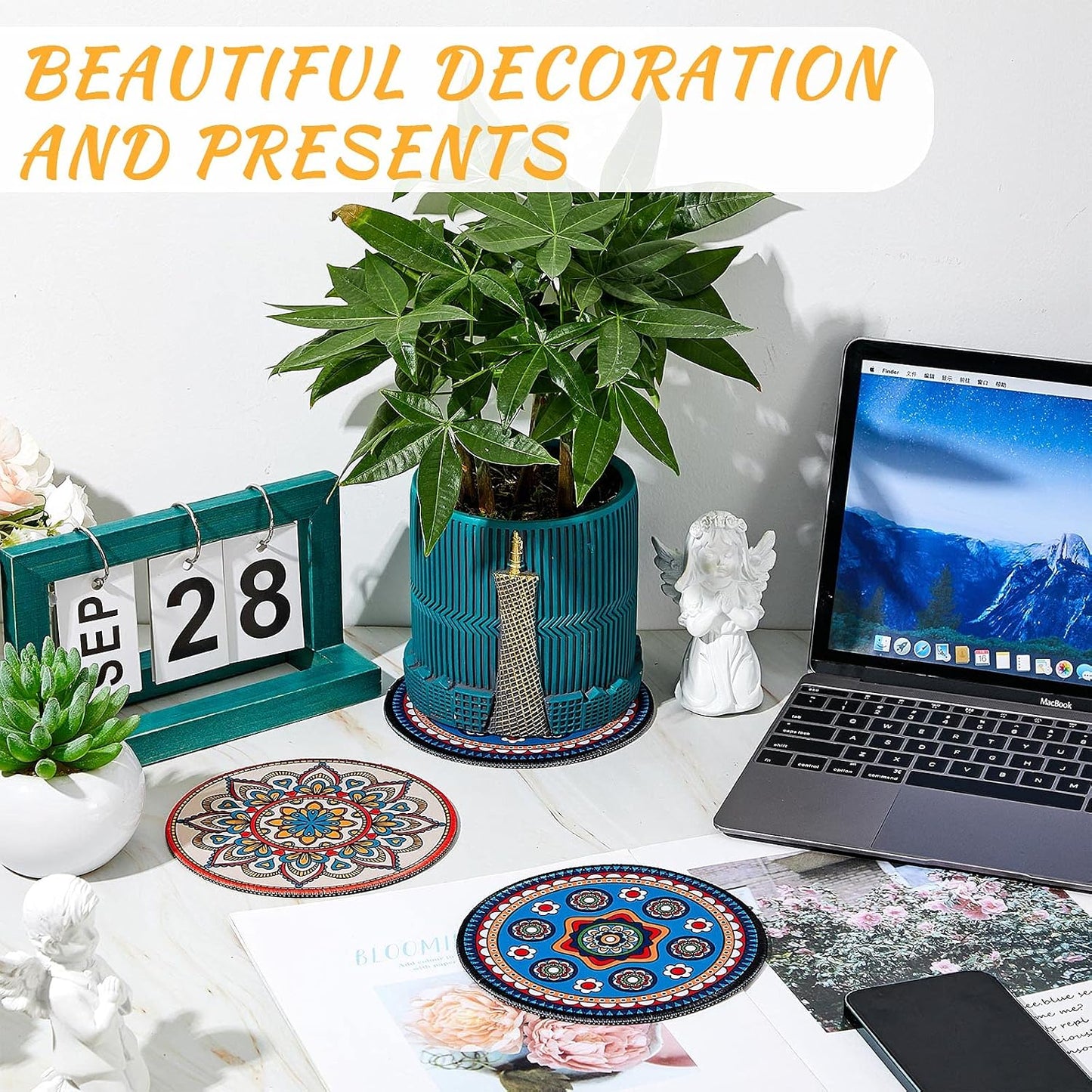 7.87" Boho Plant Coasters Large Rubber Absorbent Non Slip Pot Mats / Fashion / 8 Inch / Set of 6