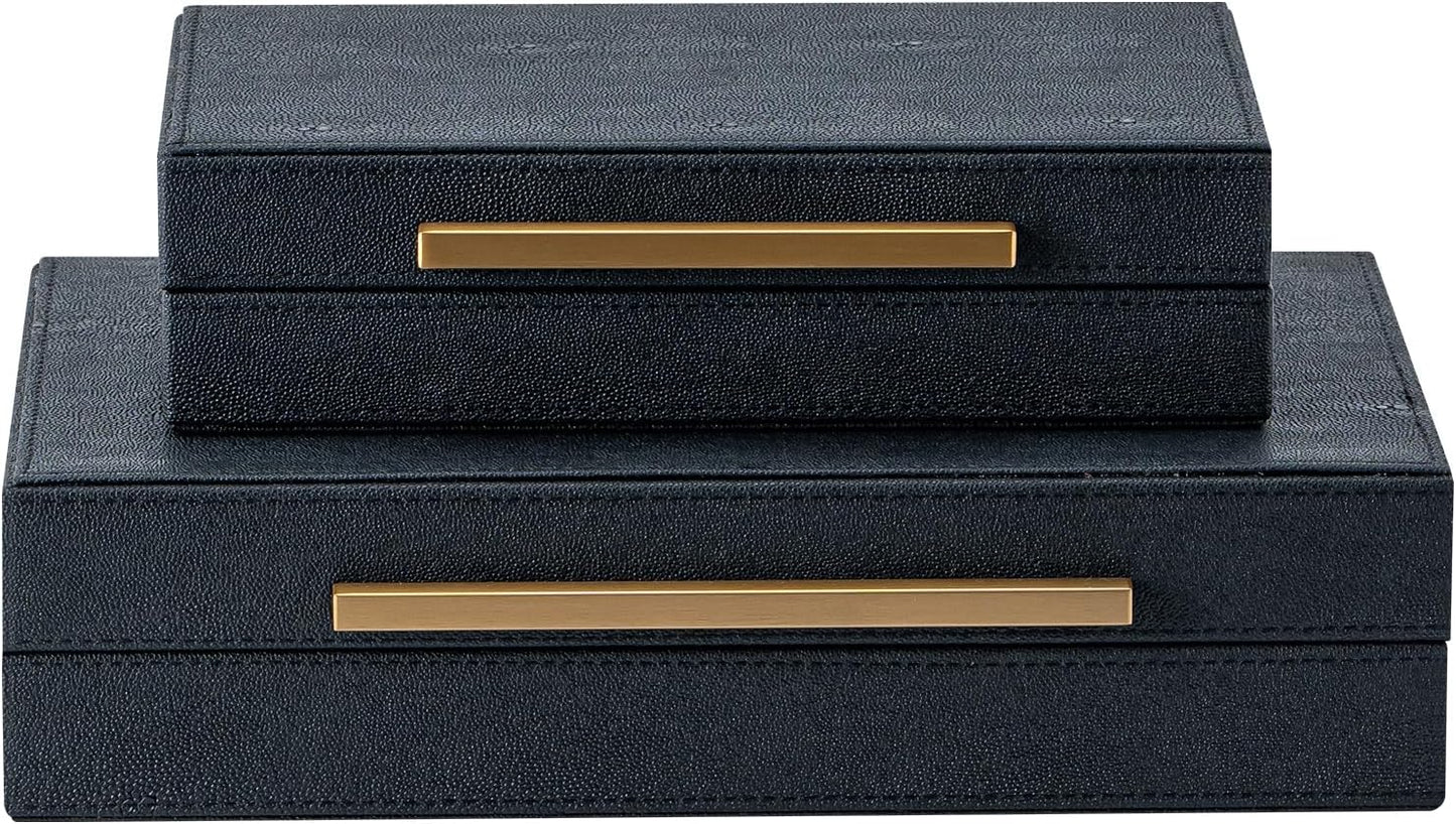 Faux Leather Jewelry Organizer / Black+gold Handles / 14.2 In / Set of 2
