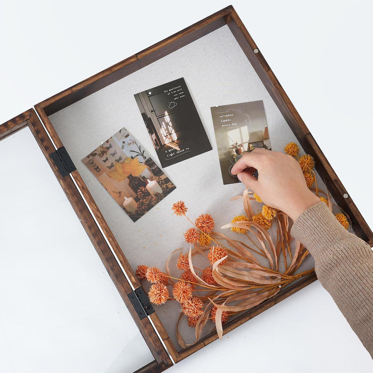 Muzilife 16x20 Shadow Box Pine Wood with Unique Bead Door, 3.18 Deep, Brown | FSC- Solid Pine | Tempered Glass