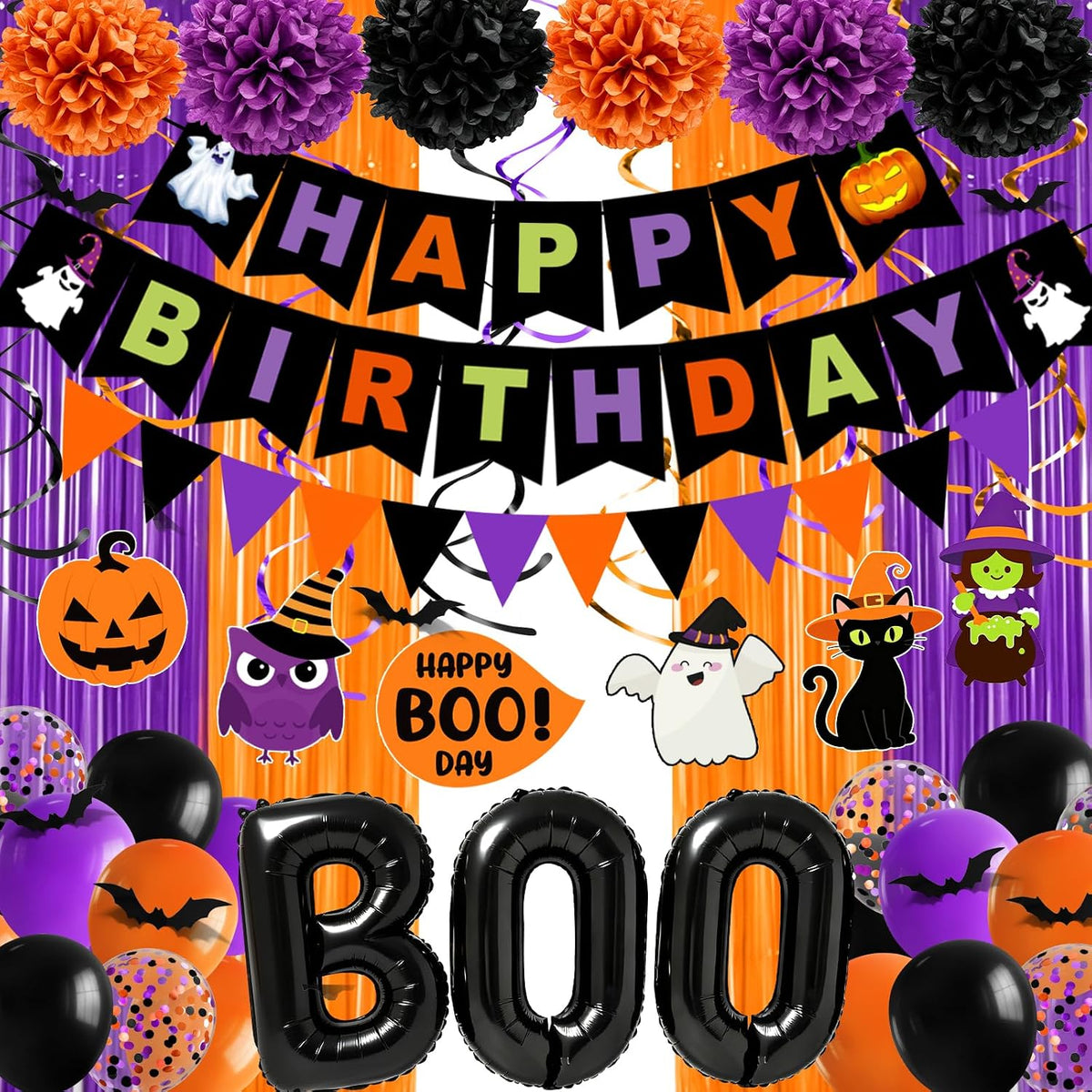 Halloween Birthday Party Decorations, 73PCs Halloween Birthday Decorations Set Including HAPPY BIRTHDAY Banner Bat Stickers Hanging Garland Swirl Streamers Purple Orange Black Balloons Honeycomb Ball