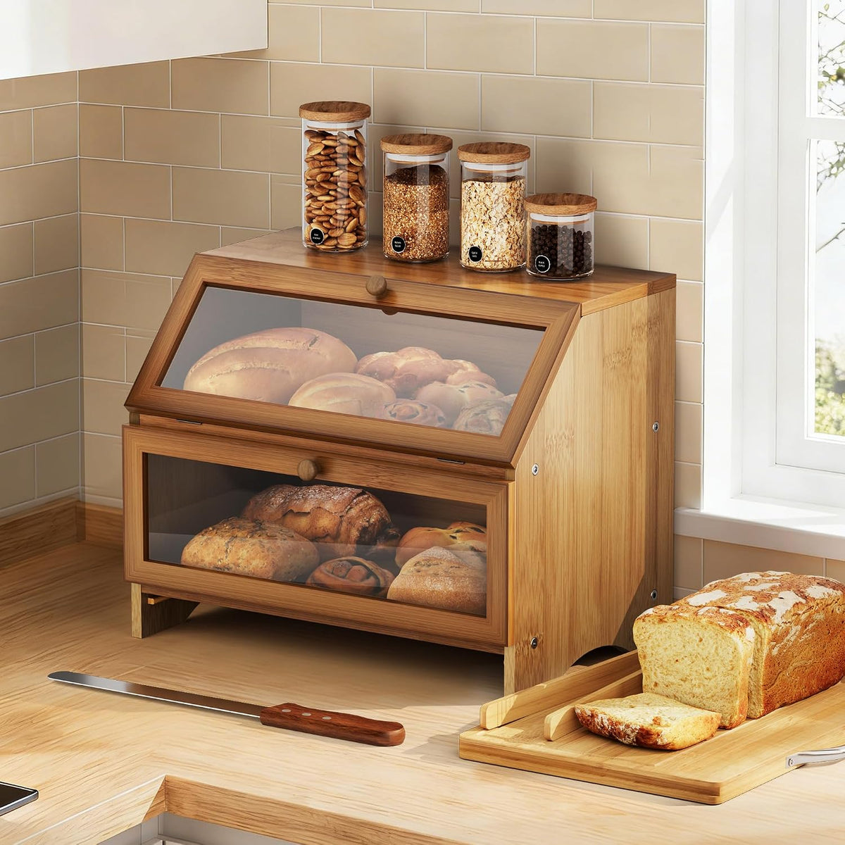 MAISONPEX Double Layer Bamboo Bread Box for Kitchen Countertop, Large Capacity, Cutting Board, Stainless Steel Bread