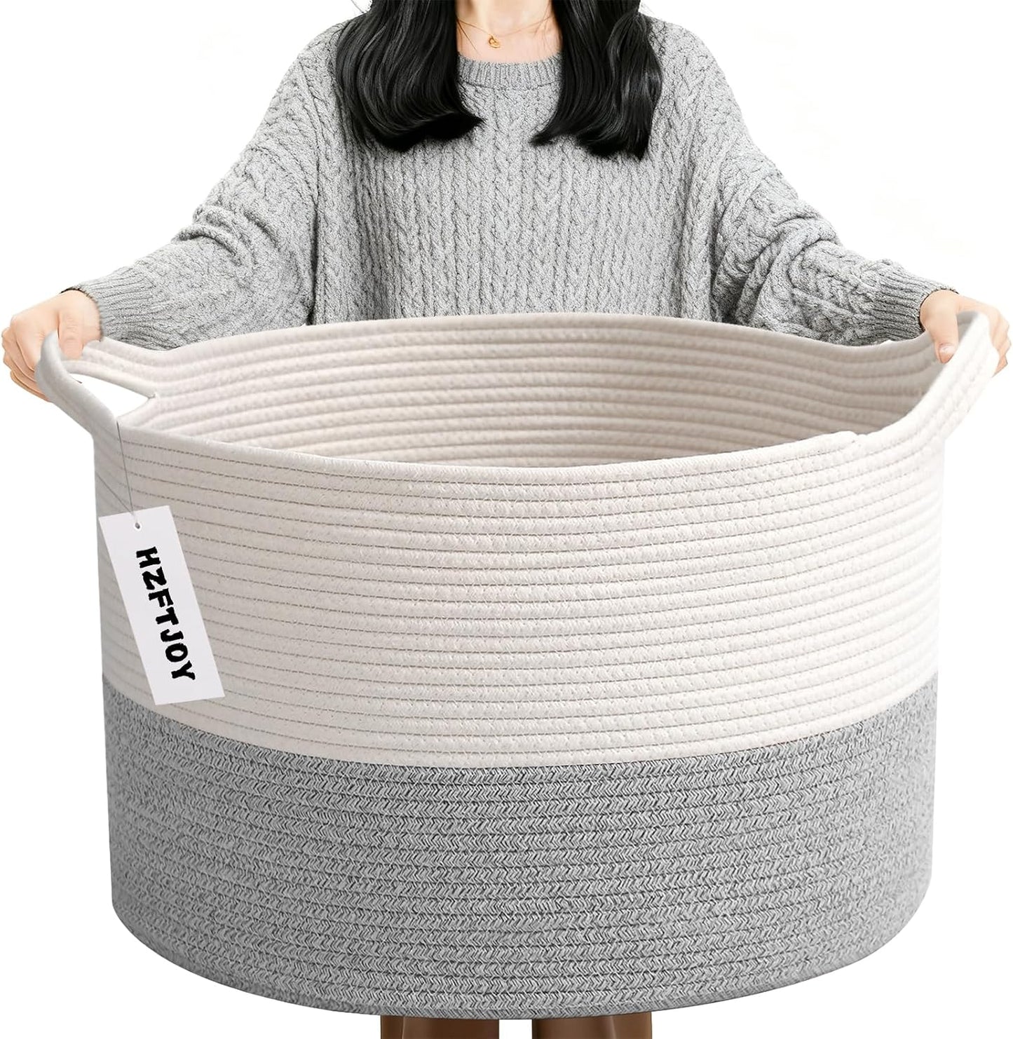 90L Extra Large Blanket Basket,Woven Rope Laundry Basket-White&Grey