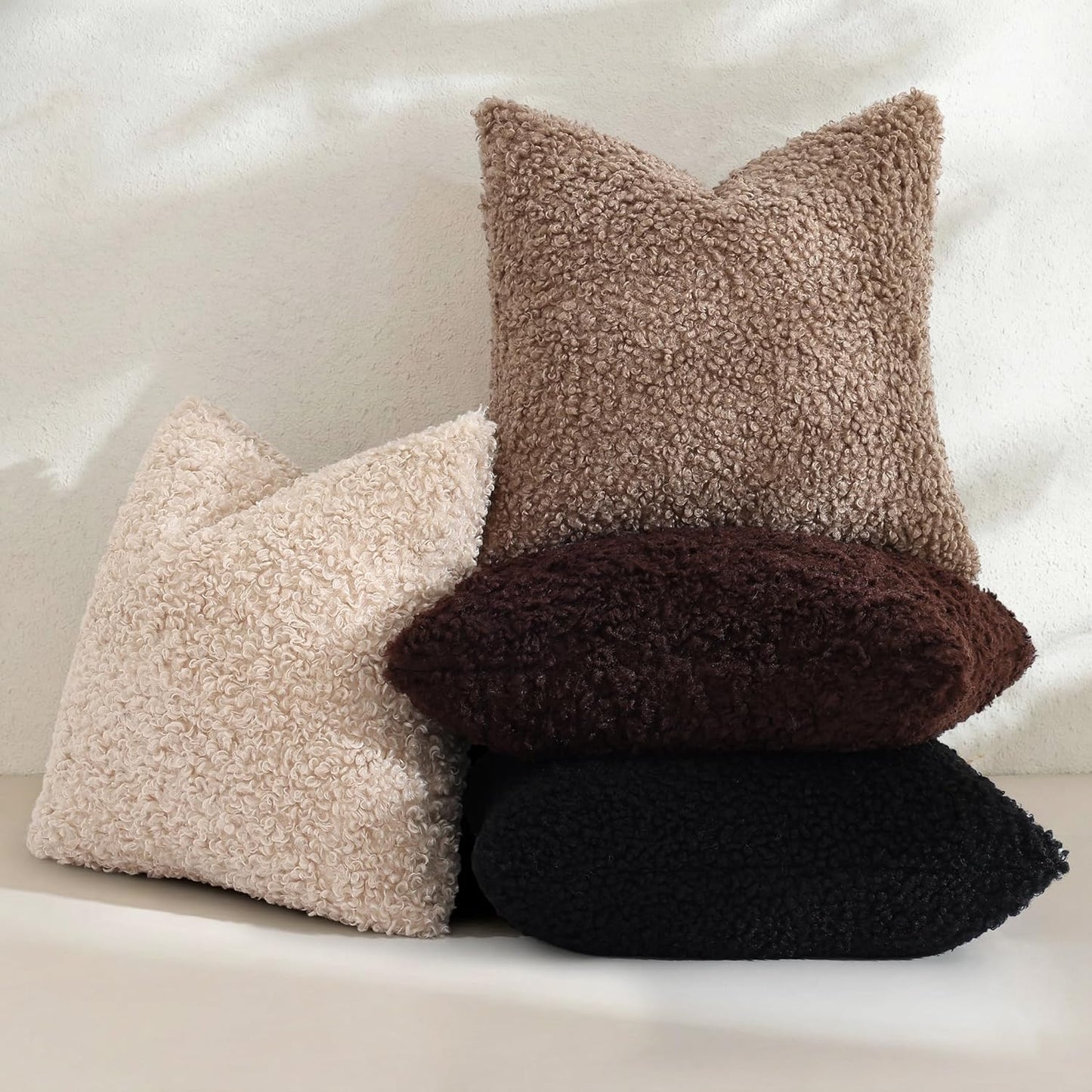 Faux Fur Decorative Sherpa Pillow Covers Fuzzy Accent Soft / Black / 22 x 22 / Set of 2