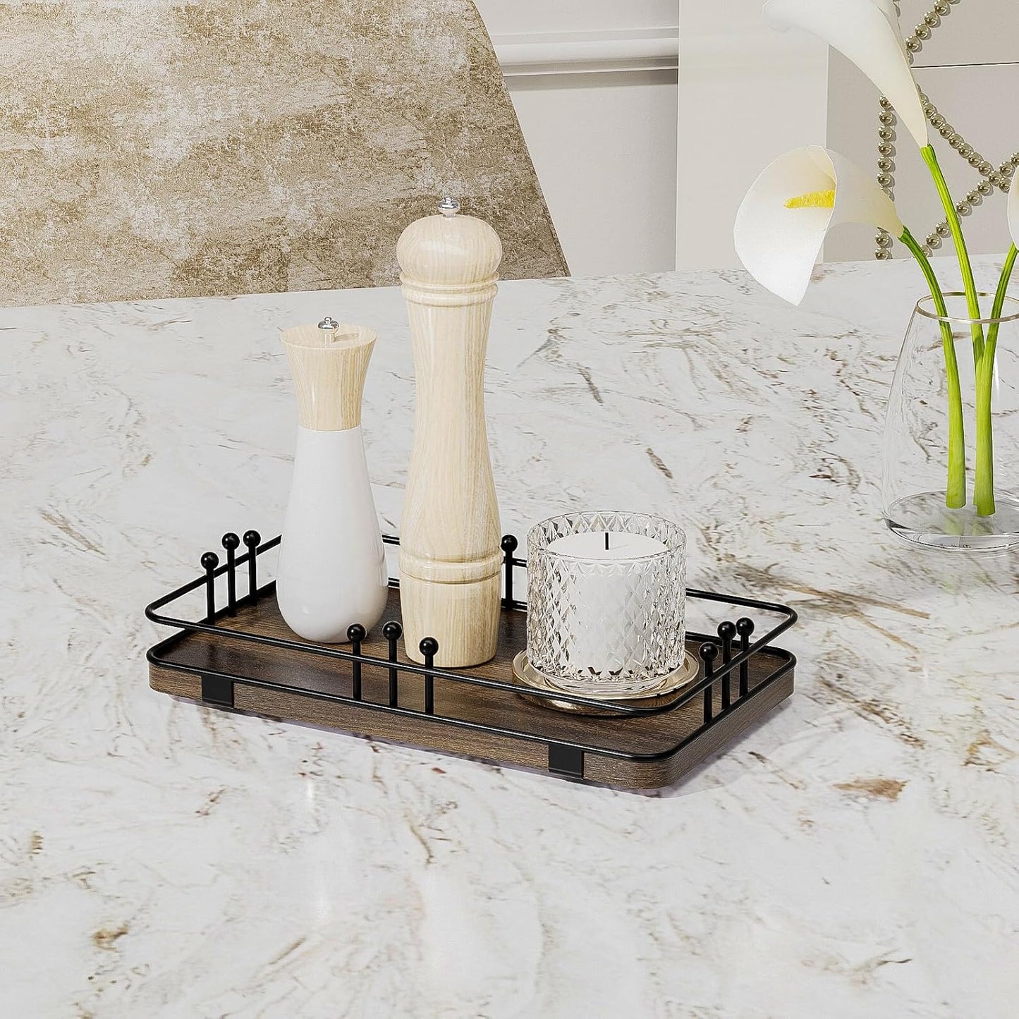 Kitchen Tray for Soap Dispenser Spice Salt / 7.9 x 4.4 x 1.6 / Brown + Black