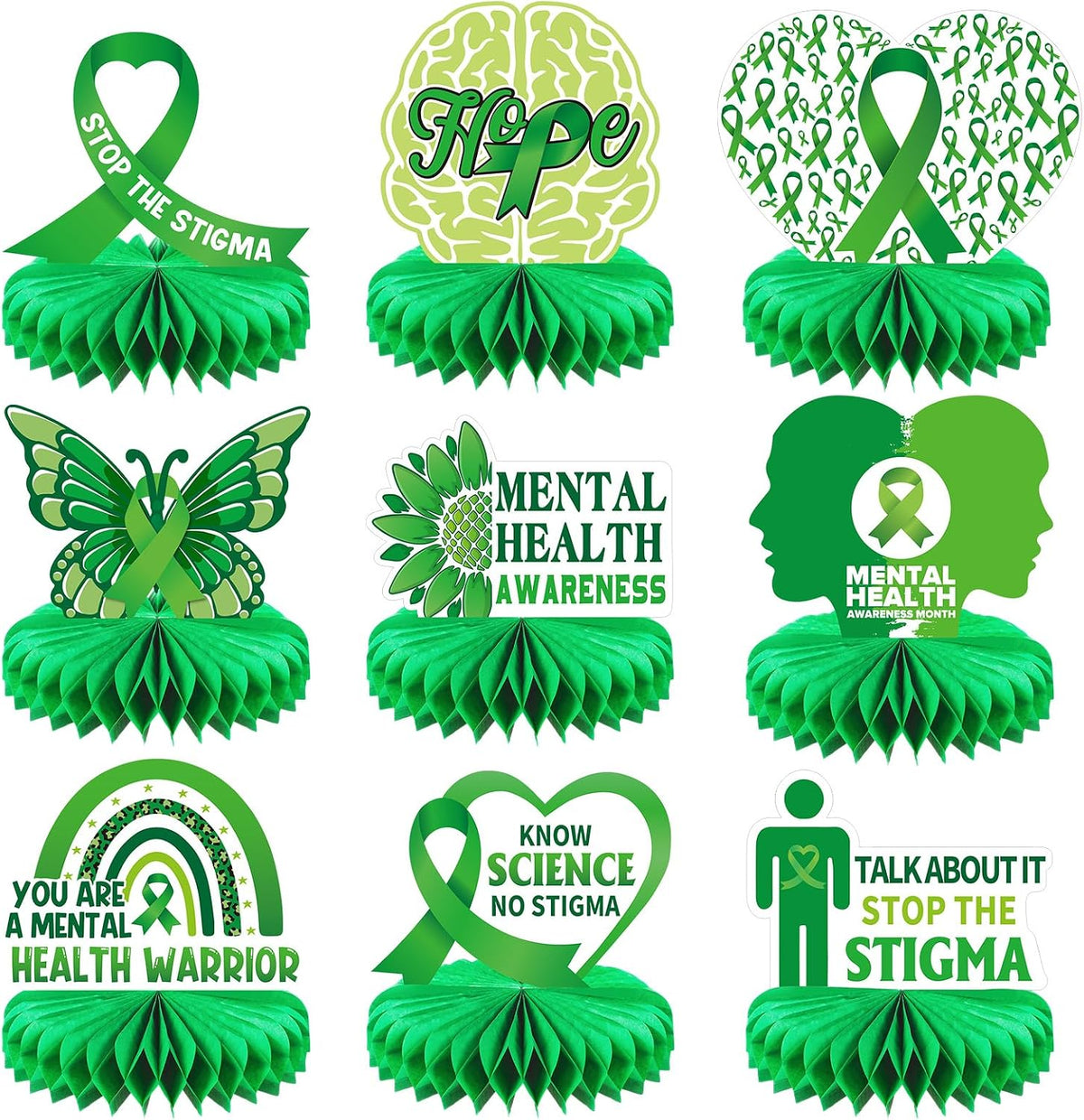 Faccito 9 Pcs Mental Month Honeycomb Centerpieces 3D Mental Health Awareness Month Decorations Green Butterfly Ribbon Brain Table Decorations for Health Therapy Office Home Tabletop Decor