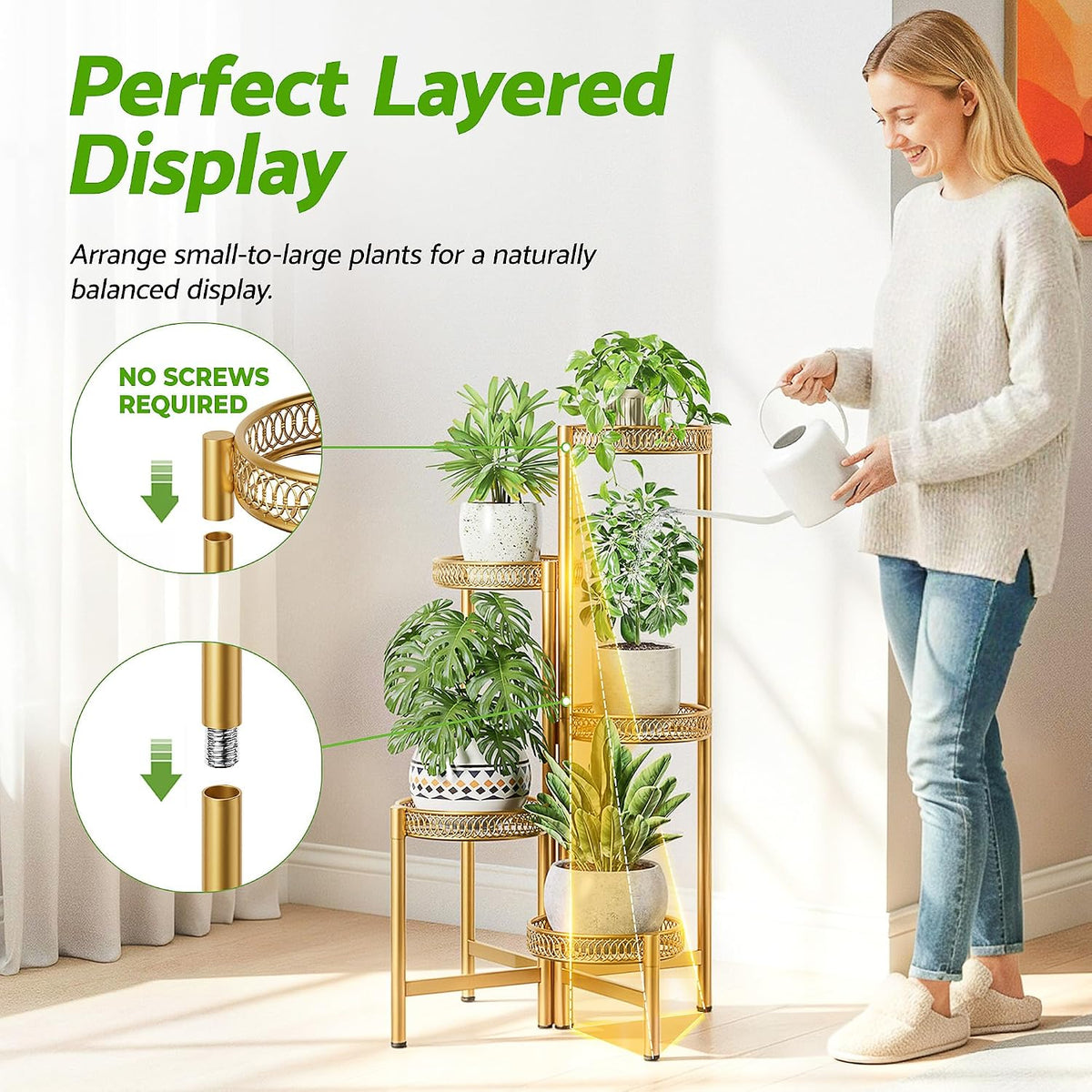 Gold Plant Stand Indoor Outdoor, 5 Tier Corner Flower Display Holder Stand, Folding Tall Plant Rack for Patio Balcony