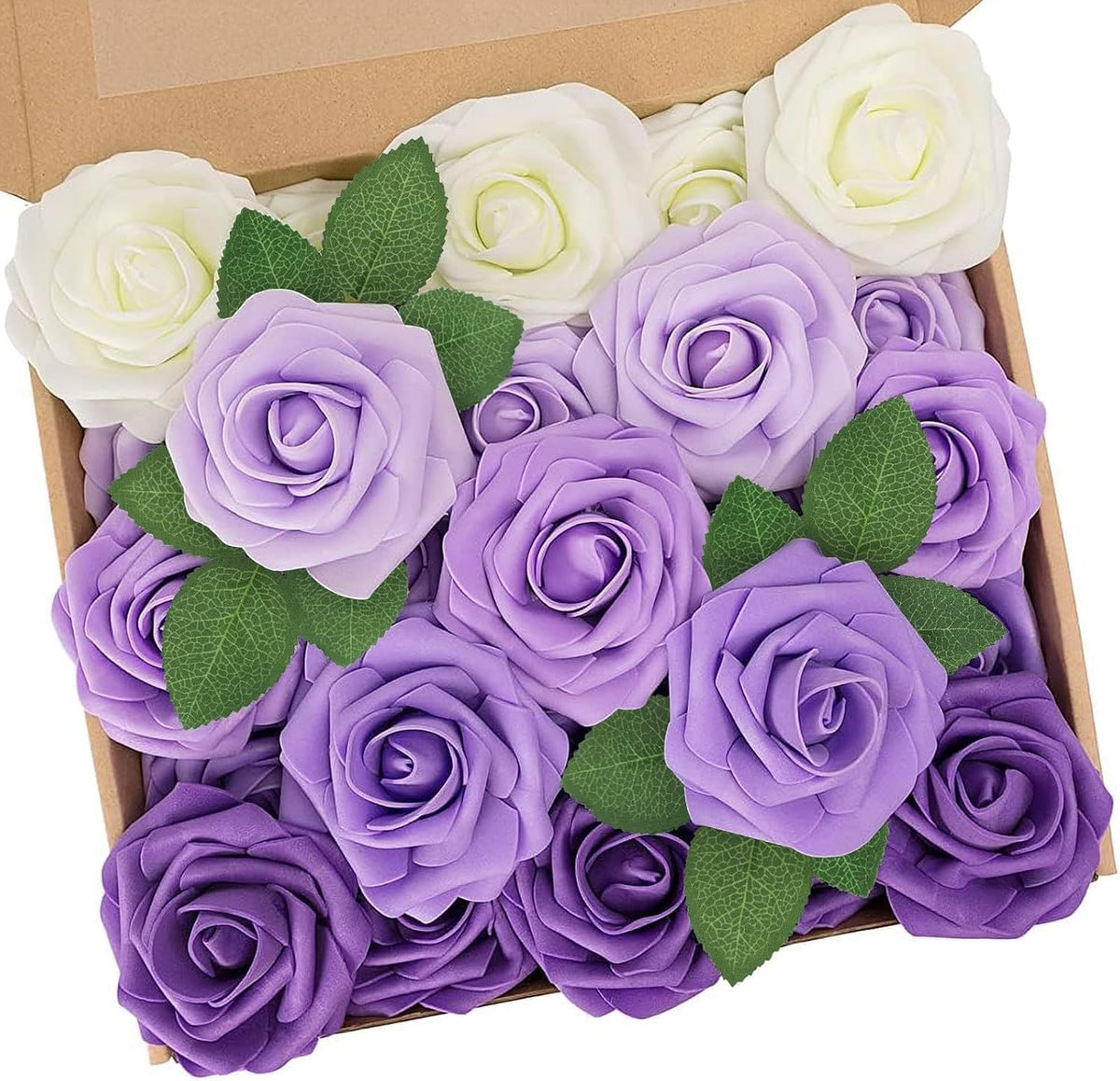 30PCS Purple Glitter Artificial Roses with Stems, Real Touch Foam Flowers
