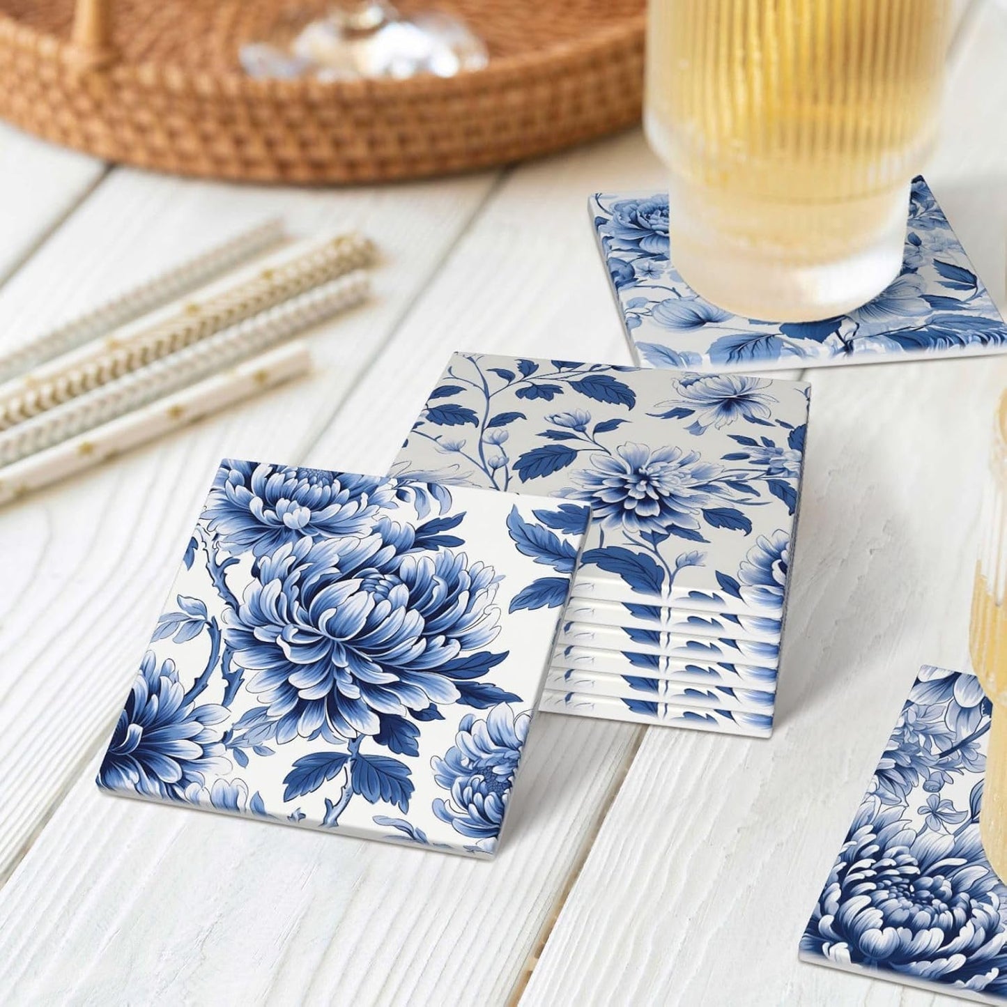 Golden Holder Cork Base / Blue Floral Square - 1 / Set of 6