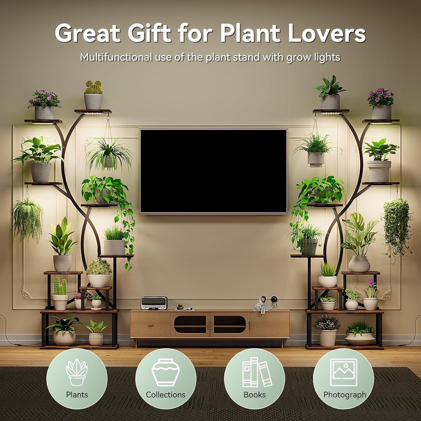 Plant Stand Indoor with Grow Lights 9 Tiered Wood Plant Shelf 62" Tall Plant Stand Metal Frame for Indoor Plants