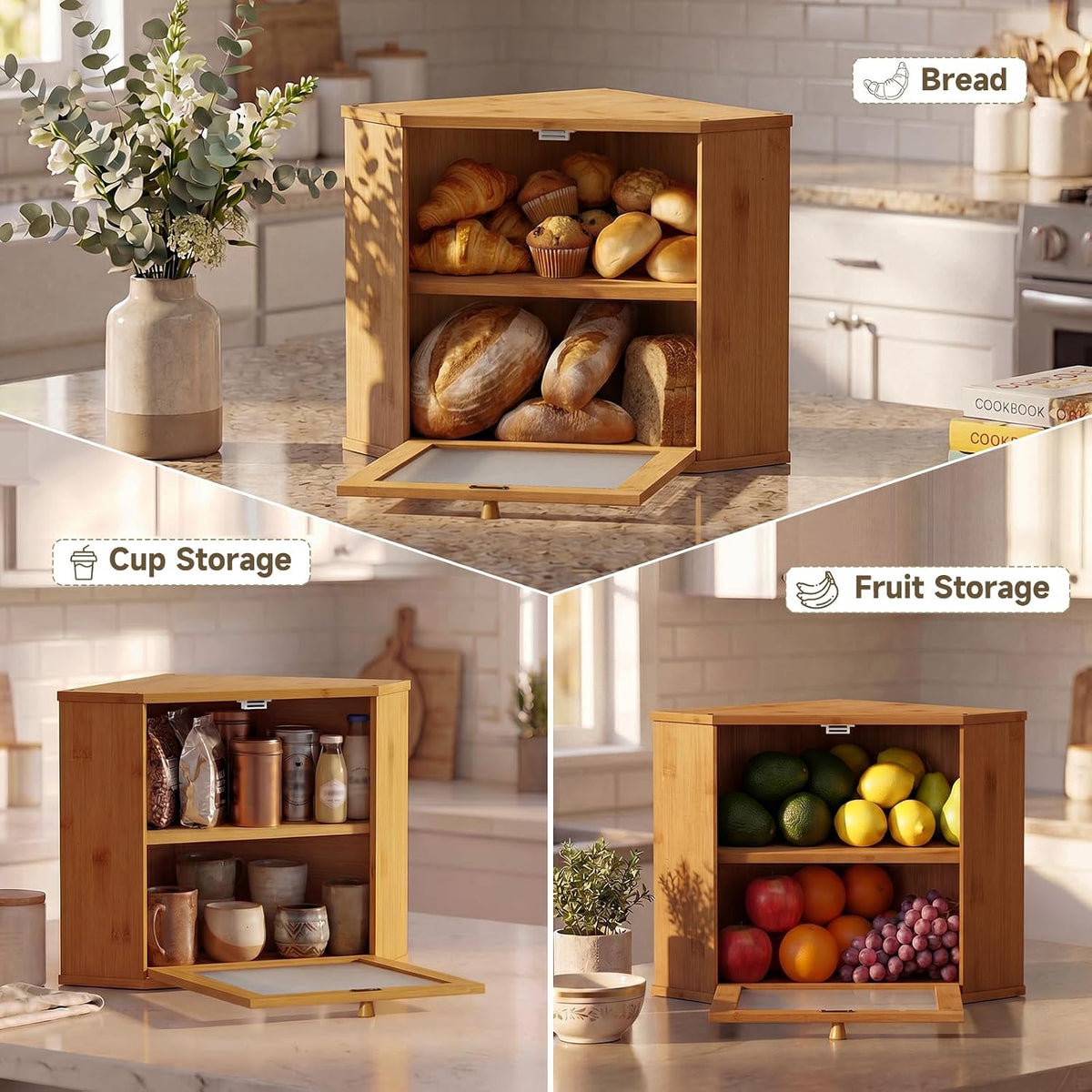 Bread Box for Kitchen Corner Countertop,Large Bread Basket (Brown, Large) | Double Layer Bamboo Bread Storage Container