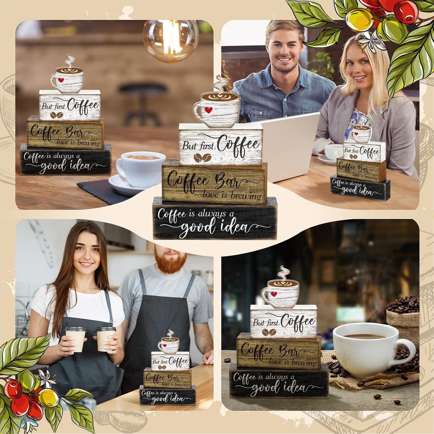 Wooden Tabletop Decor Coffee Tiered Tray Decor Rustic Wood Bar Sign Gift / Coffee Bar / Set of 4